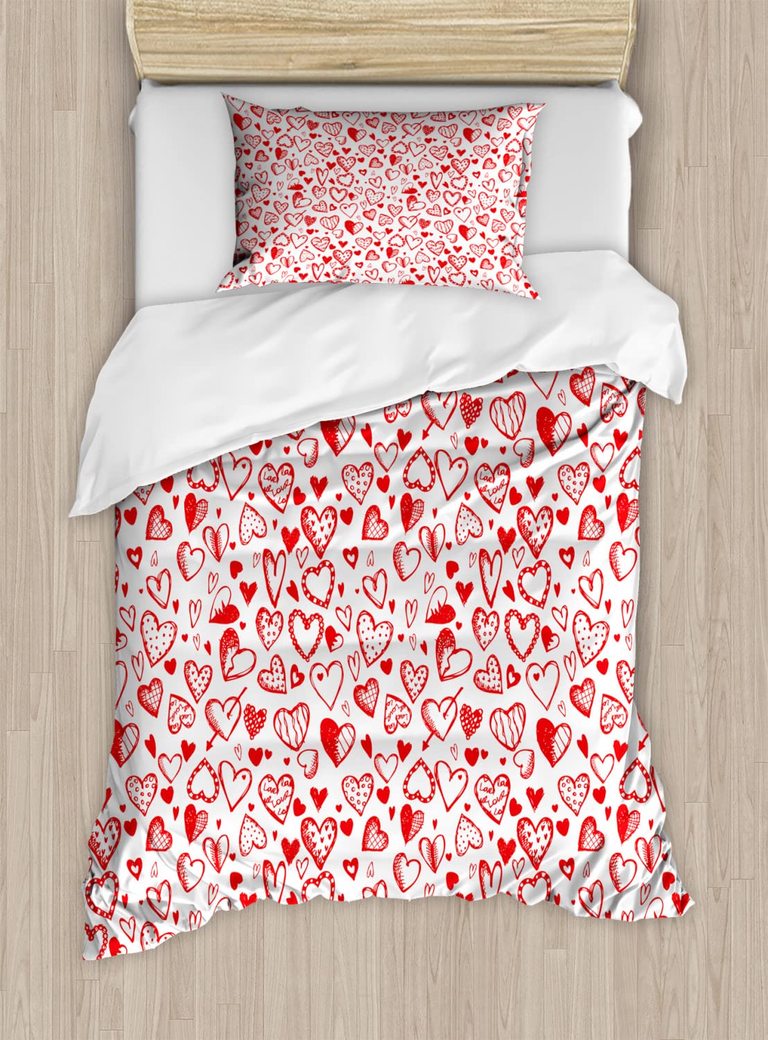 Ambesonne Valentine's Day Duvet Cover Set - Romantic Red & White Heart Pattern with Dots & Arrows | 2-Piece Twin Size Bedding Set (Includes 2 Duvet Covers & 2 Pillowcases) | Perfect for Couples Bedroom, Anniversary Gift, or Romantic Getaway Decor