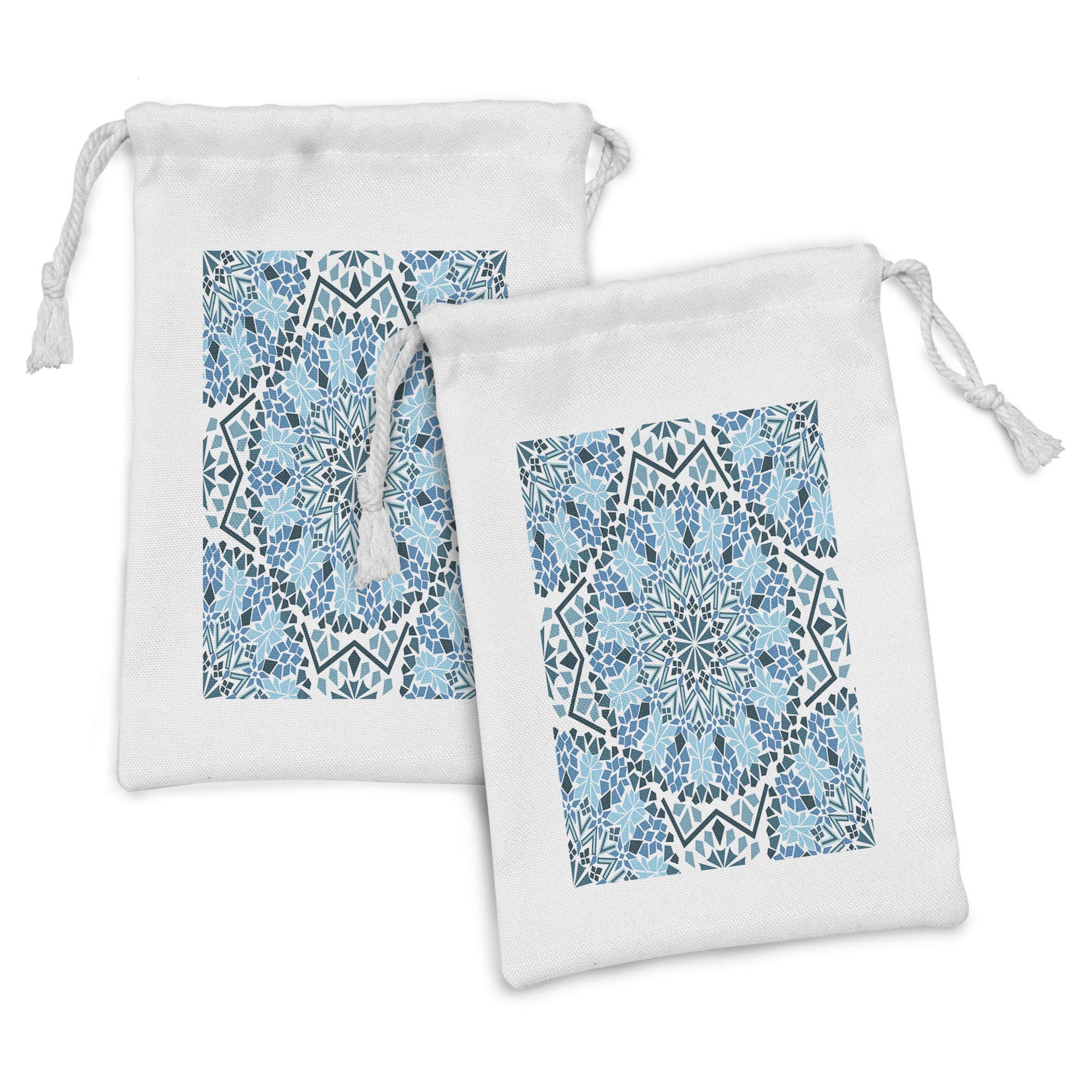 Ambesonne Moroccan Fabric Pouch Set of 2 - Blue & White Geometric Pattern Drawstring Bags (9