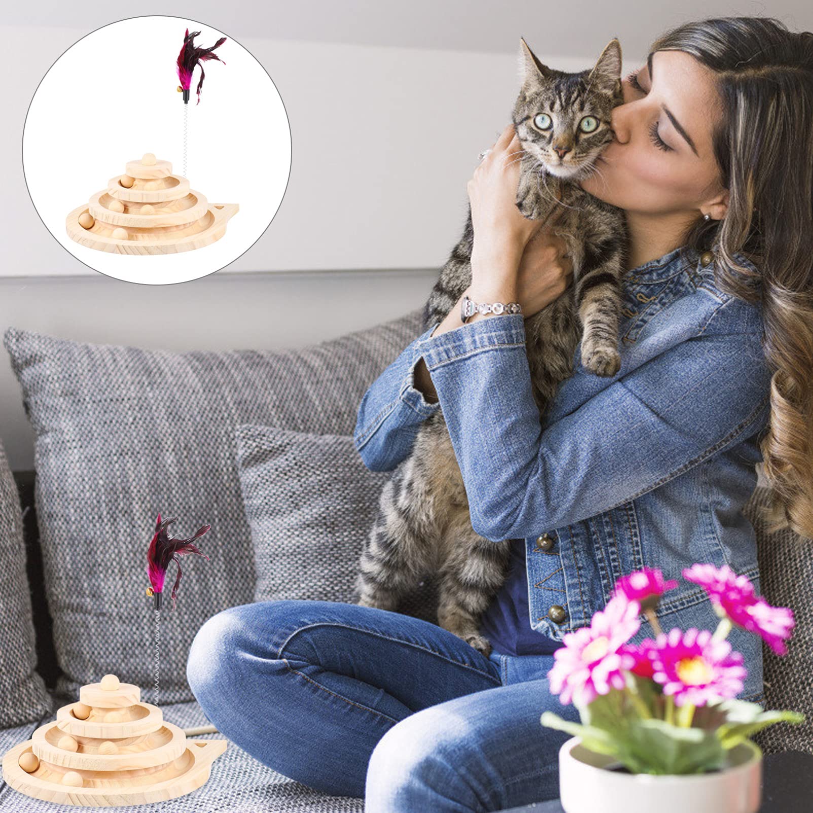 Balacoo Interactive Cat Toys Set - Turntable Windmill, Track Ball & Puzzle Circle Teaser for Kittens - Wooden Pet Toys for Indoor Play & Mental Stimulation