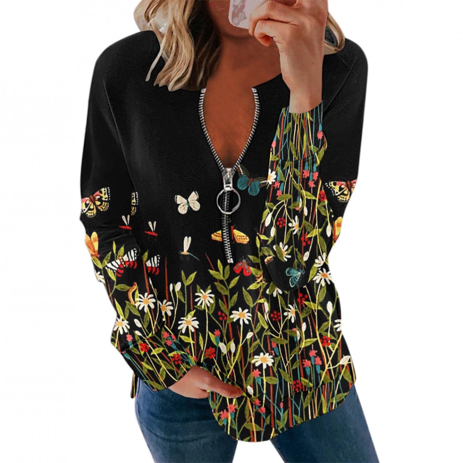 Women's Long Sleeve Printed Tunic Tops - Stylish Zipper Crewneck Casual Shirts for Fall | Trendy Loose Fit Round Neck Blouse | Perfect for Work, Weekend Outings & Layering