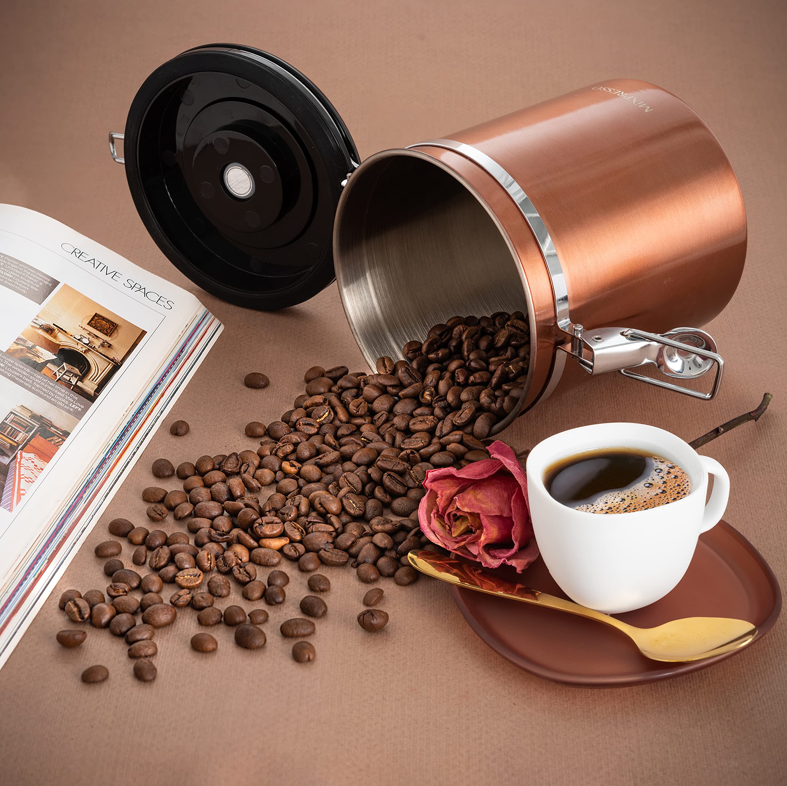 Mixpresso Bronze Stainless Steel Airtight Coffee Container with Date Tracker - 16oz Vacuum Sealed Storage Jar for Coffee Beans, Grounds & Tea - Perfect for Kitchen Countertop, Pantry or Office Use