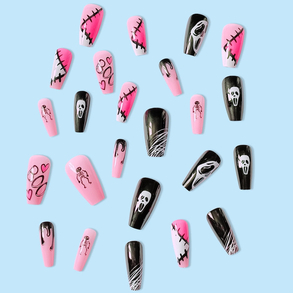 24-Piece Halloween Grimace Ballet Press-On Nails Set - Full Cover False Nails with Glue for DIY French Manicure | Spooky Fear Nails for Costume Parties & Halloween Events