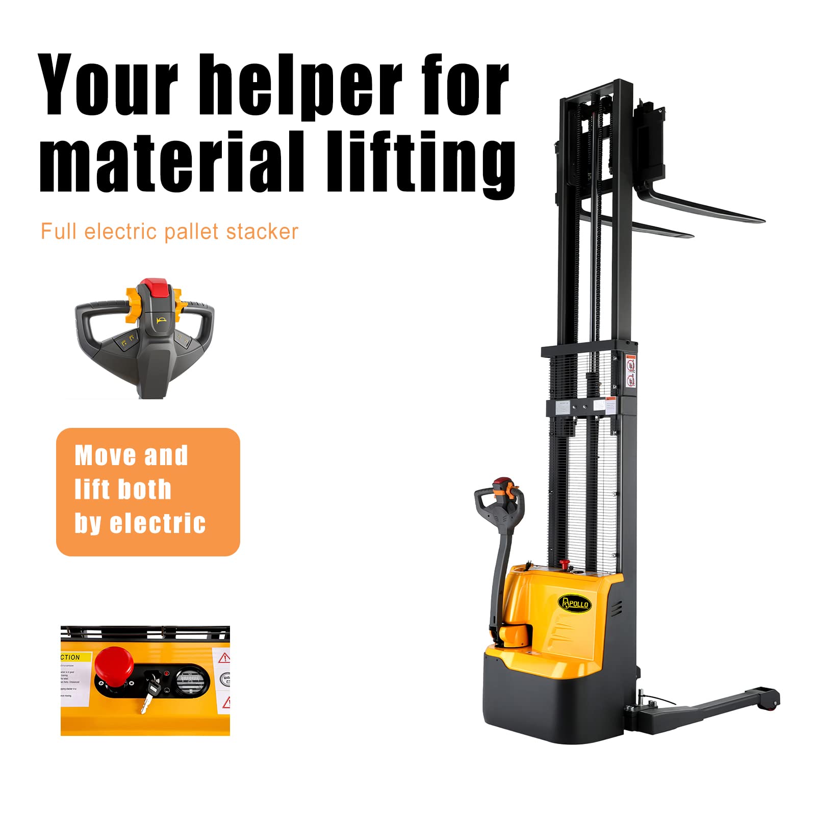 APOLLO 3300lbs Electric Stacker Forklift - Adjustable Forks & Legs, 98'' Lifting Height - Narrow Space Warehouse & Factory Material Lifter | Ideal for Pallet Handling, Loading Docks & Tight Storage Areas