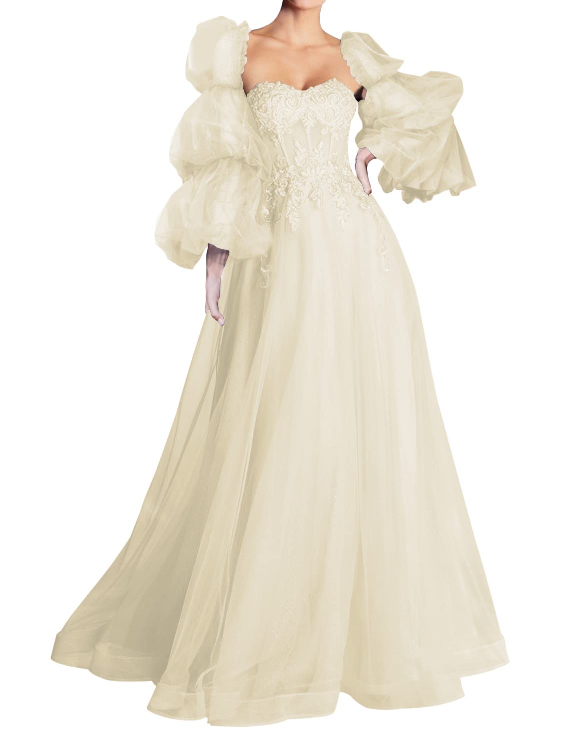 Elegant Sweetheart Neckline Long Prom Dress with Tulle Skirt & Puffy Sleeves - Lace Appliques Formal Evening Gown for Homecoming, Quinceañera & Special Occasions
