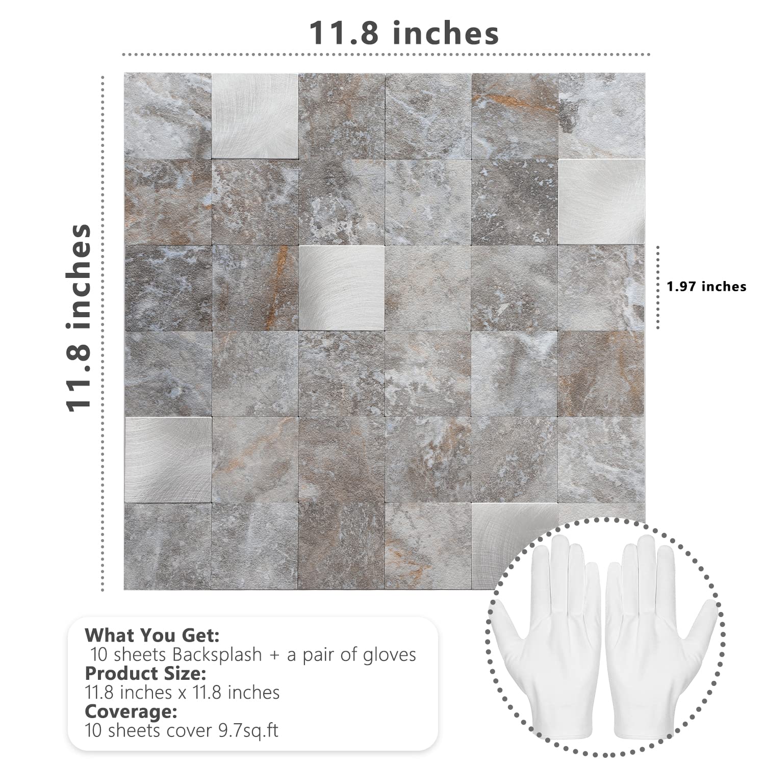 STICKGOO Peel and Stick PVC Mixed Metal Backsplash Tile for Kitchen - 10 Sheets, Grey | Easy DIY Kitchen Upgrade, Waterproof & Heat Resistant for Stove, Sink & Countertop Protection