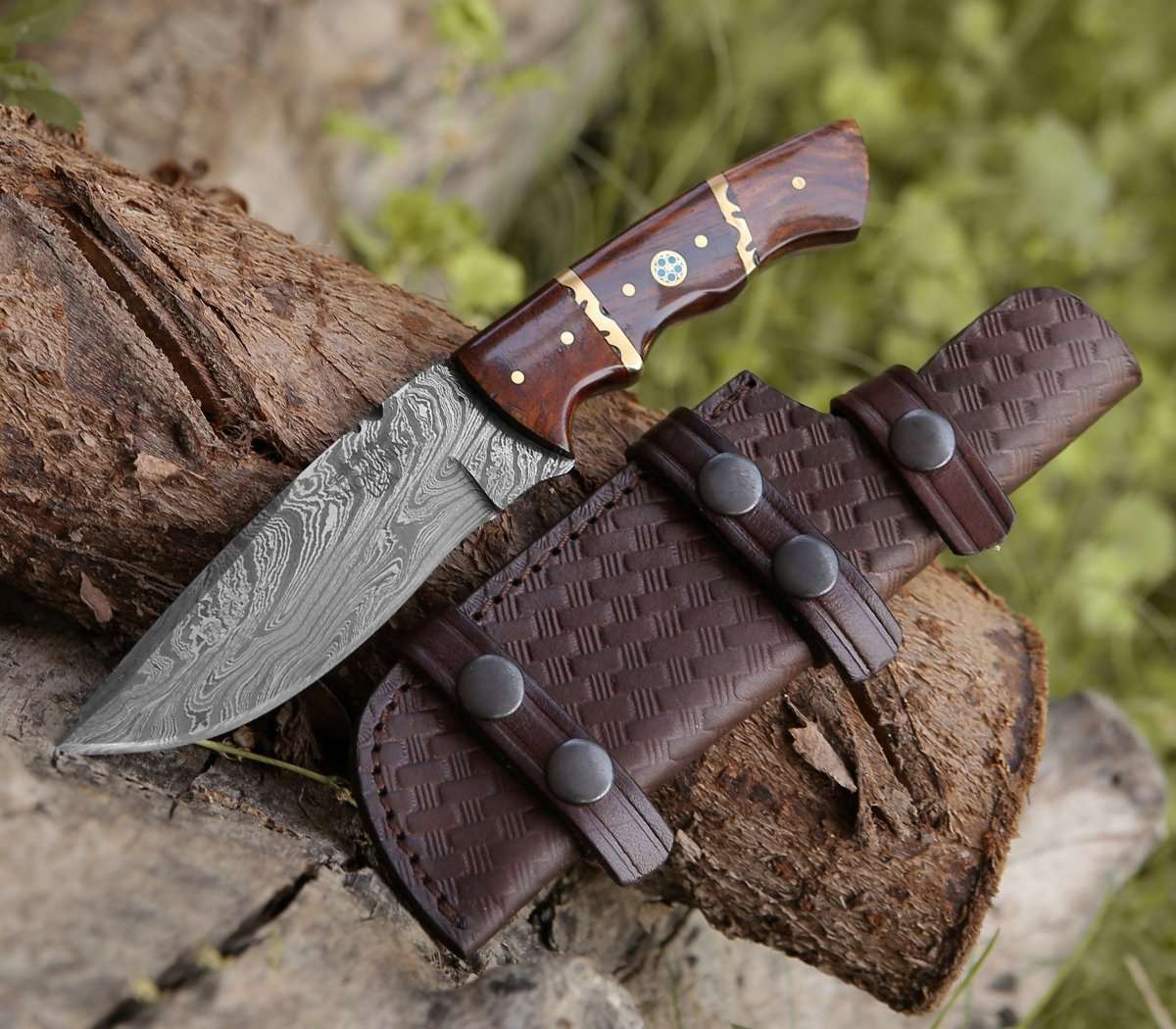 Premium Damascus Steel Camping Knife with Rosewood Handle - Outdoor Survival, Hunting, and Bushcraft Essential