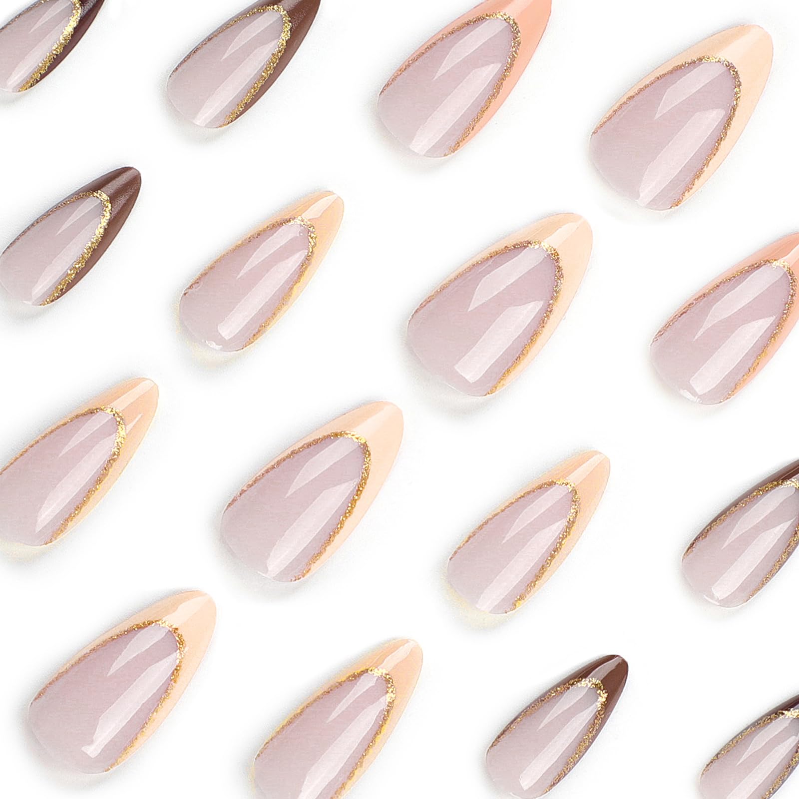 MISUD 24pcs Medium Almond Press on Nails - Glossy Autumn Brown French Tip Acrylic Fake Nails with Bling Glitter Design | Stiletto Artificial Nails for Fall, Halloween, Parties & Special Occasions