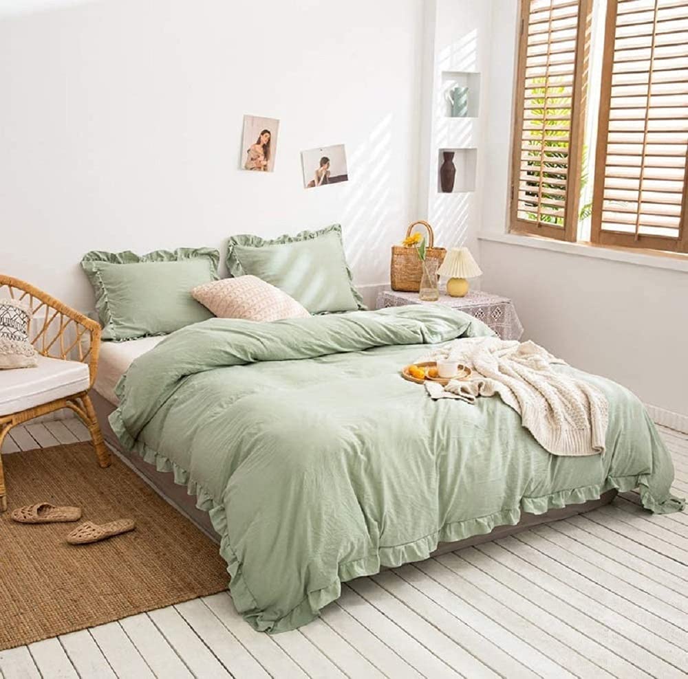 Sage Green Washed Ruffled Duvet Cover Set - Queen, Twin & King Size Bedding | Soft Vintage Style Comforter Cover for Cozy Bedroom Decor | Perfect for Master Bedroom, Guest Room & Dorm