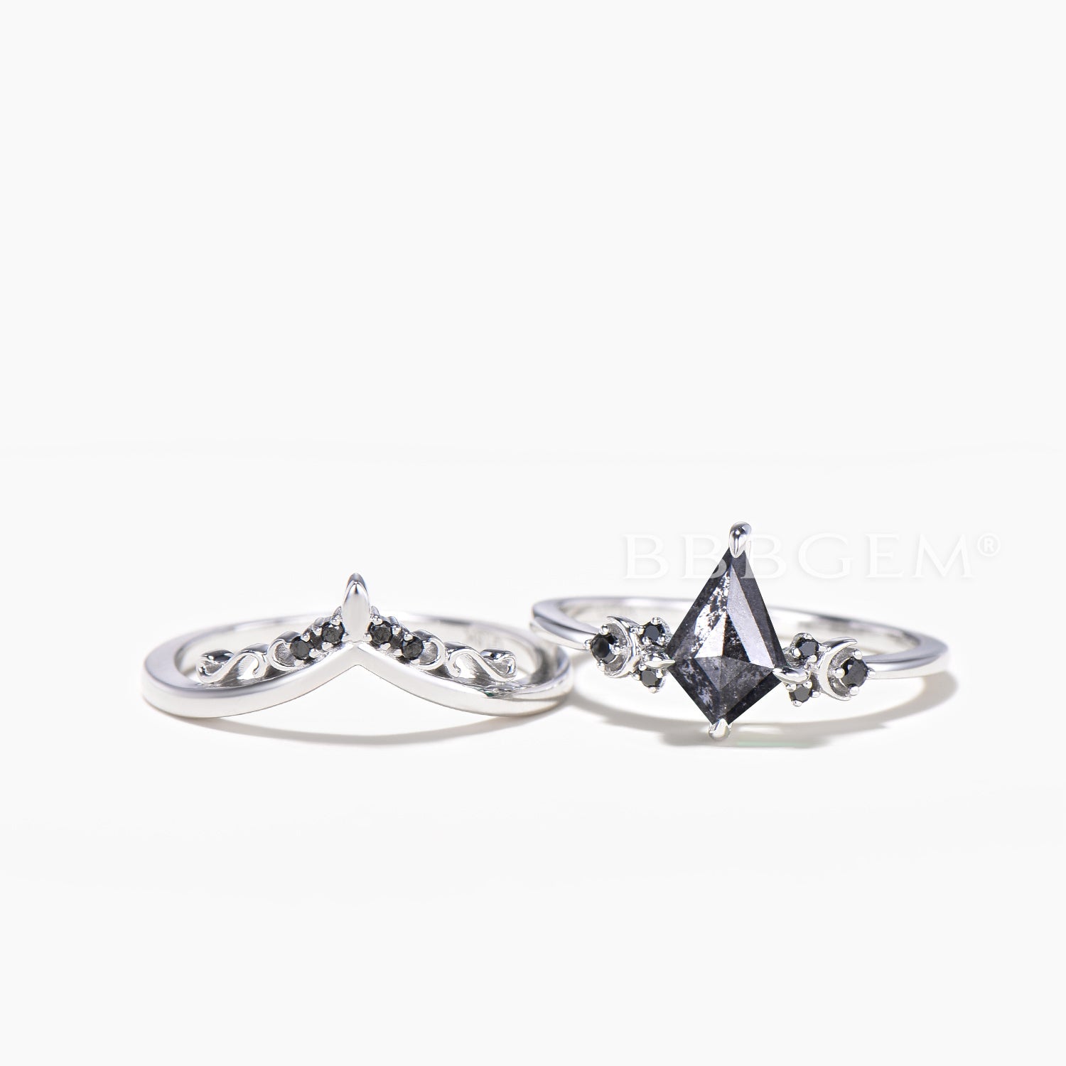 Kite Cut Salt and Pepper Diamond Moon Bridal Set - Black Diamond Wedding Band for Women | Unique Alternative Engagement Ring & Boho Wedding Jewelry