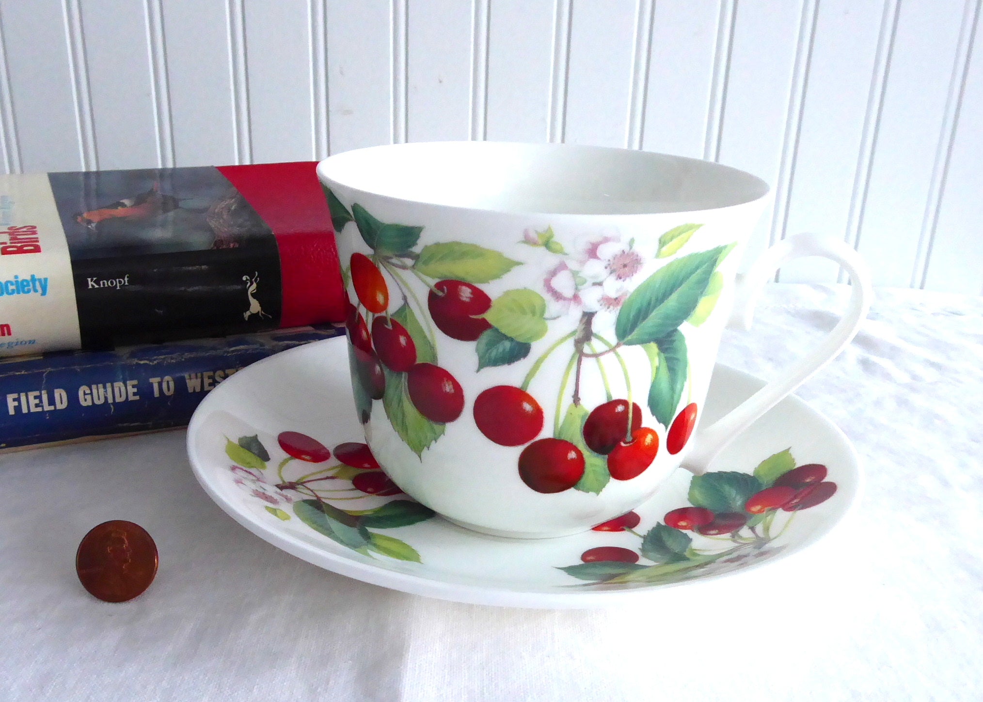 Roy Kirkham Bone China Cherry Breakfast Cup and Saucer Set - Large Red Cherry Design for Tea, Coffee, and Elegant Morning Dining
