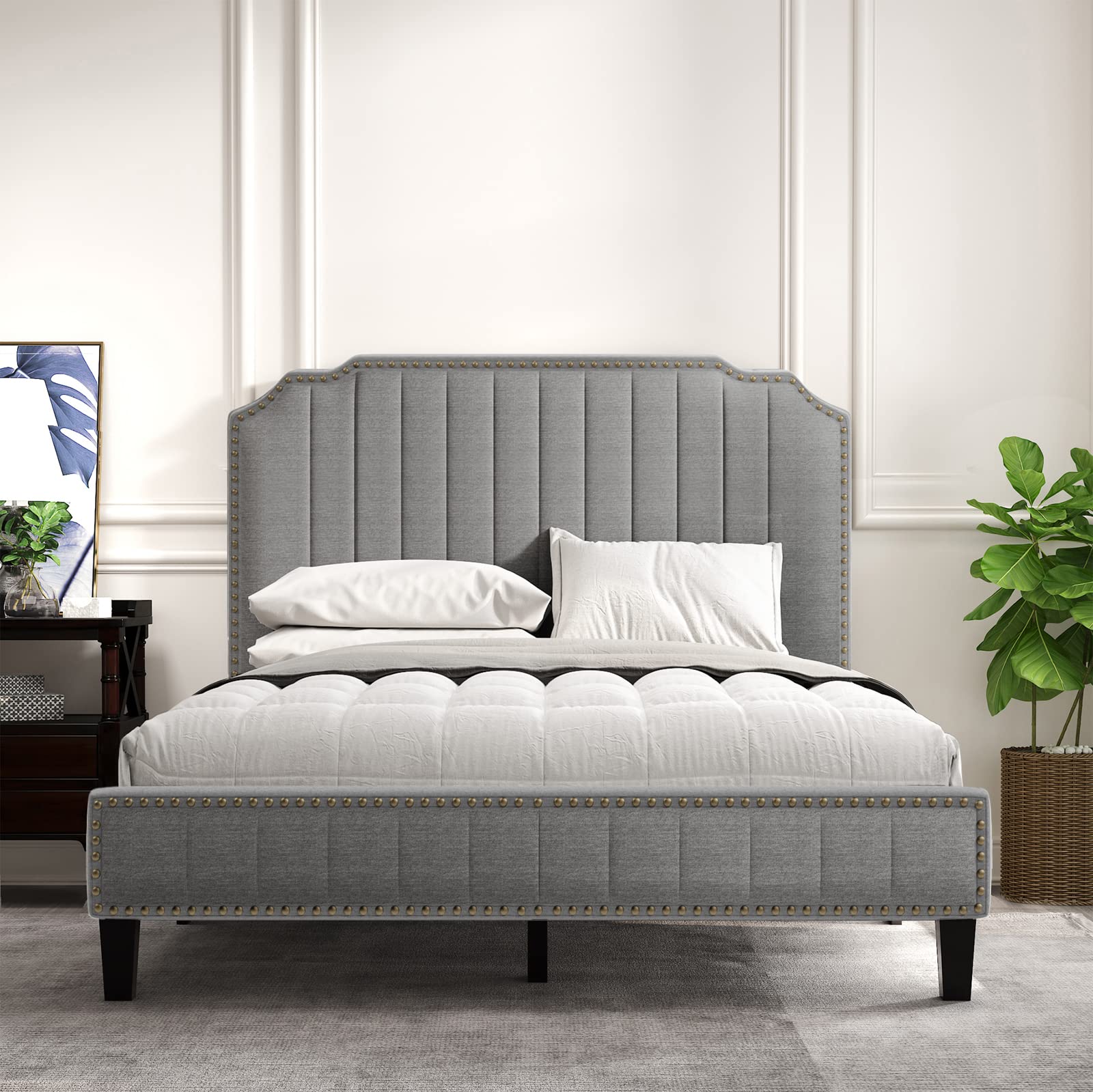 Full Size Linen Upholstered Platform Bed Frame with Curved Design & Nailhead Trim - Modern Heavy Duty Bed Frame for Master Bedroom, Guest Room & Apartment