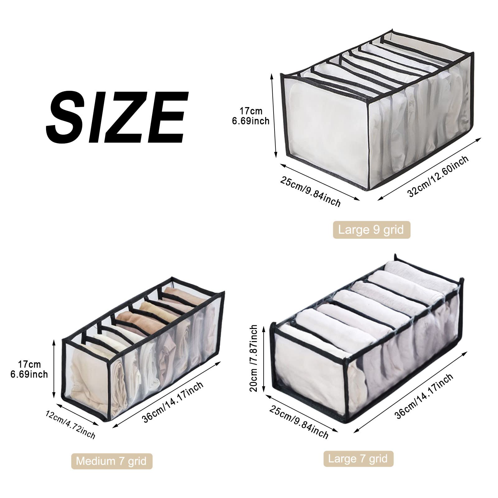 Owill Home Wardrobe Clothes Organizer (5-Pack) - Foldable Storage Drawer Dividers for Underwear, Socks, T-Shirts & More | Washable Fabric Bins with 5 Size Grids | Perfect for Closet, Dresser & Travel Organization - Black
