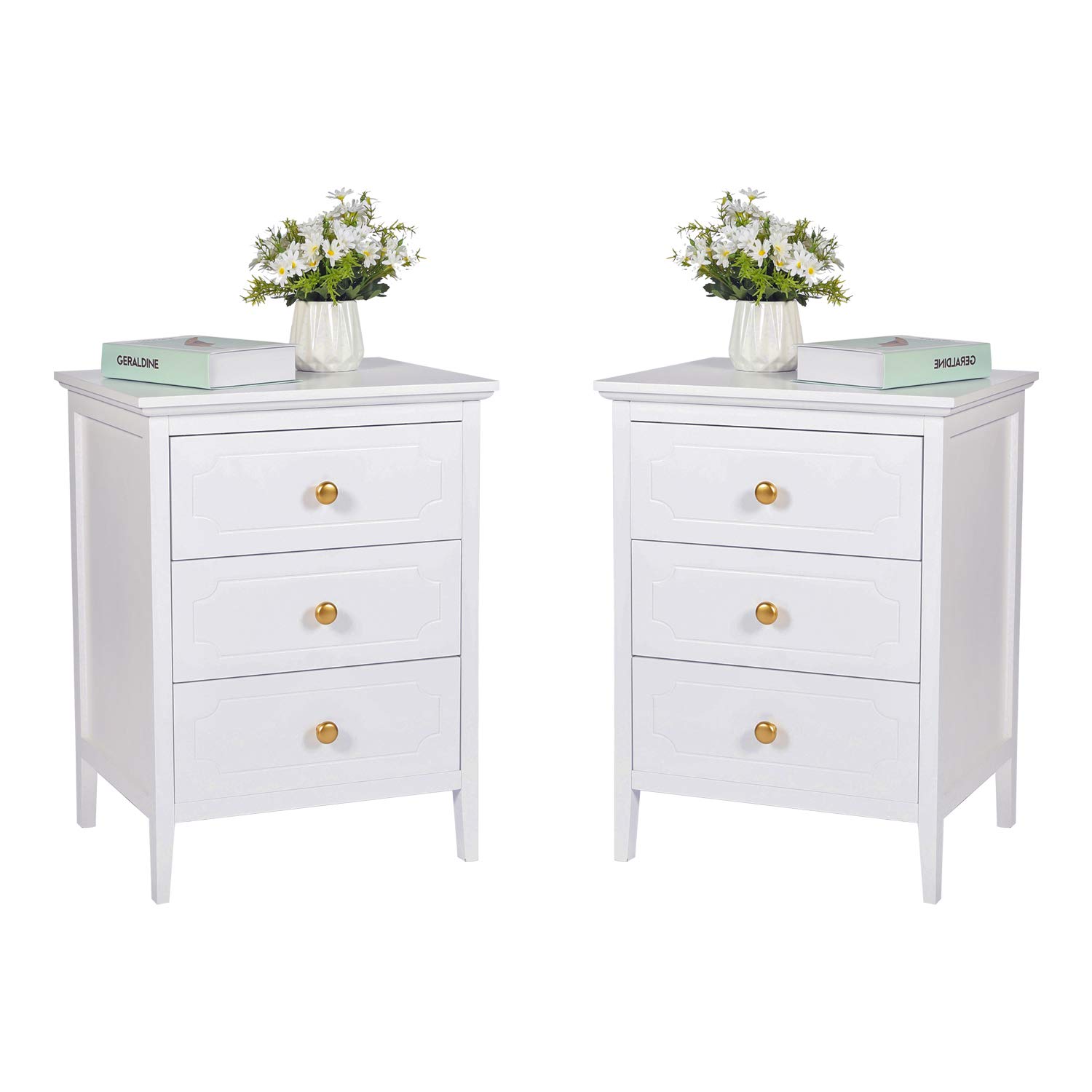 White Nightstand Set of 2 - 3 Drawer Bedside End Table for Bedroom & Living Room - 18.9 Inch Modern Side Table (Perfect for Small Spaces, Apartment Furniture, Guest Room Decor)