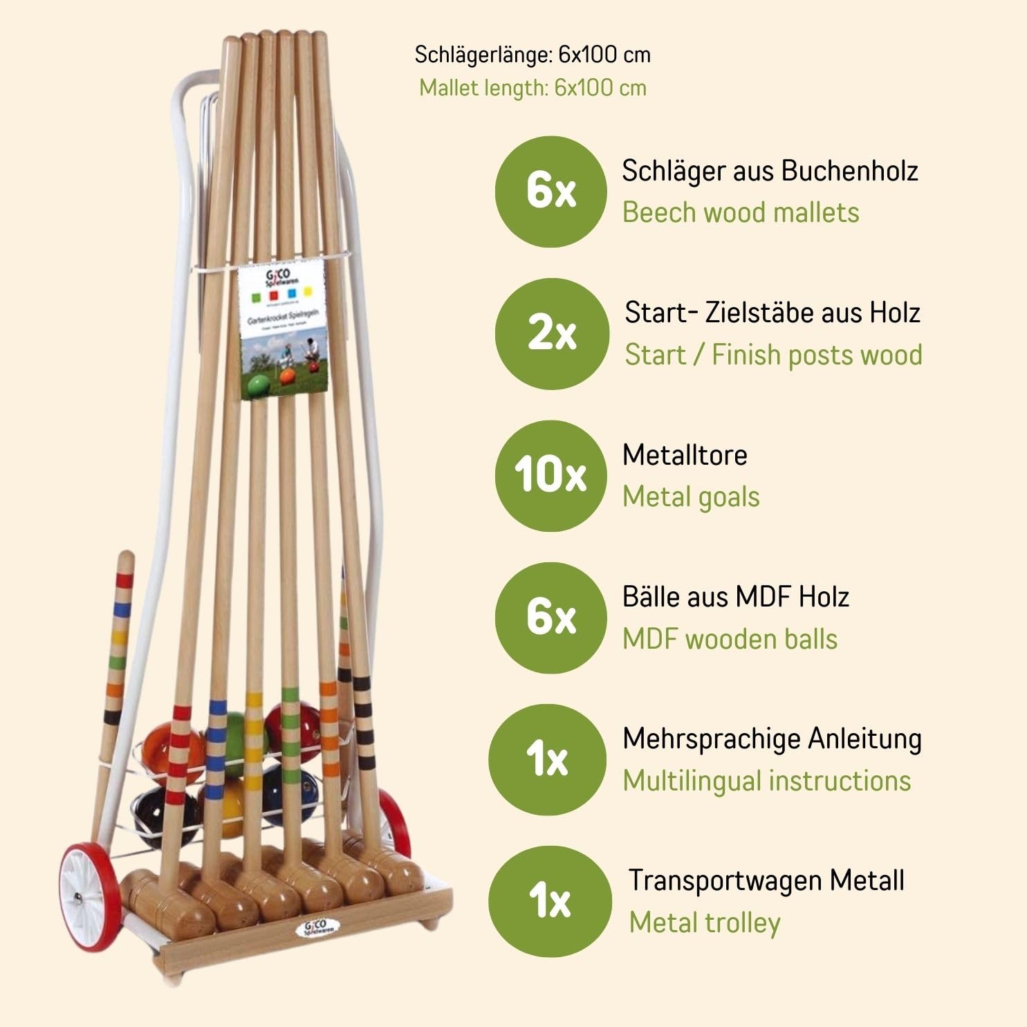 Premium GICO Metal Croquet Set with Carry Cart - 6 Player Outdoor Lawn Game - 100cm Adult Mallets - EU Quality Standard (Model 3126) - Perfect for Backyard Parties, Picnics & Family Gatherings