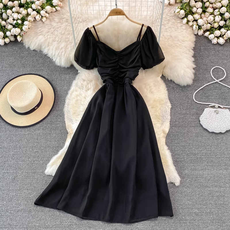 Bubble Short Sleeve Square Neck Dress - Pleated A-Line Chiffon Long Skirt for Women | Summer Casual Flowy Dress for Beach, Party & Everyday Wear | Style 926