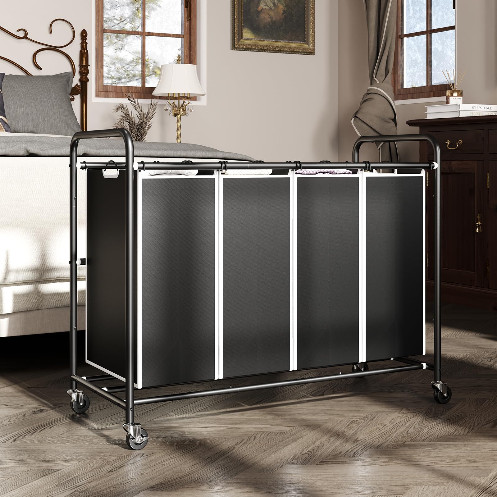 ROMOON 4-Section Heavy Duty Laundry Sorter with Wheels & Removable Bags - Rolling Laundry Hamper Cart for Clothes Organization | Ideal for Laundry Room, Dorm, Apartment & Home Storage (Black)