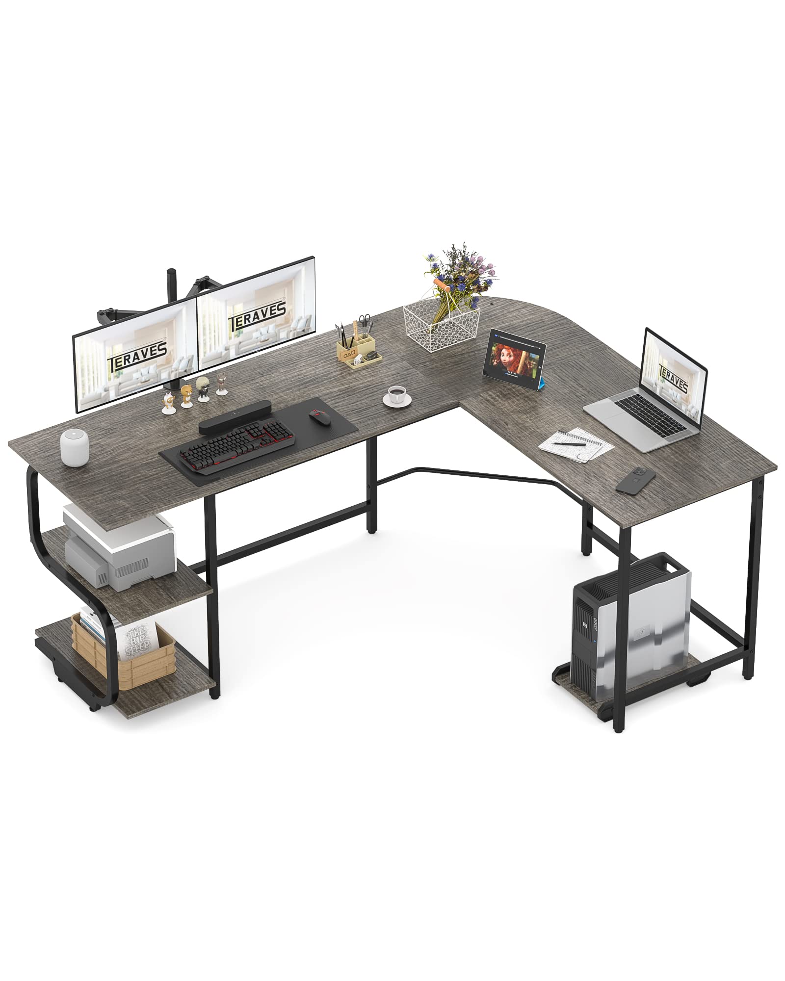 Teraves 69 Inch Reversible L-Shaped Desk with Large Surface & Storage Shelves - Sturdy Corner Computer Desk for Home Office, Gaming & Workstation | Perfect for Small Spaces & Multi-Monitor Setups