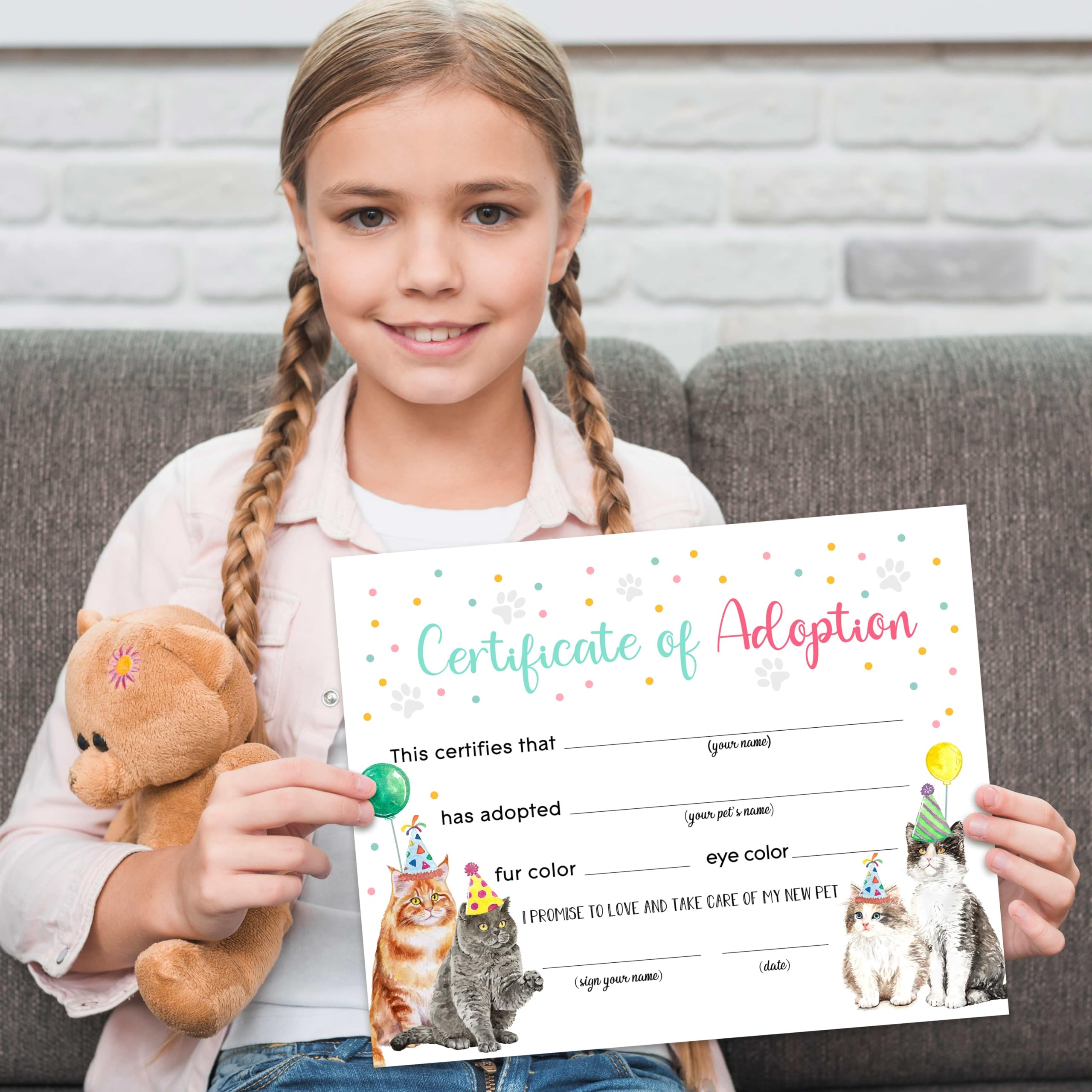 Adopt A Cat Certificate - 10 Pack Pet Adoption Certificates for Girls, Cat Kitten Adoption Party Decorations & Birthday Party Favors Supplies - Perfect for Adoption Events, Birthday Parties & Gift Giving (CC04)