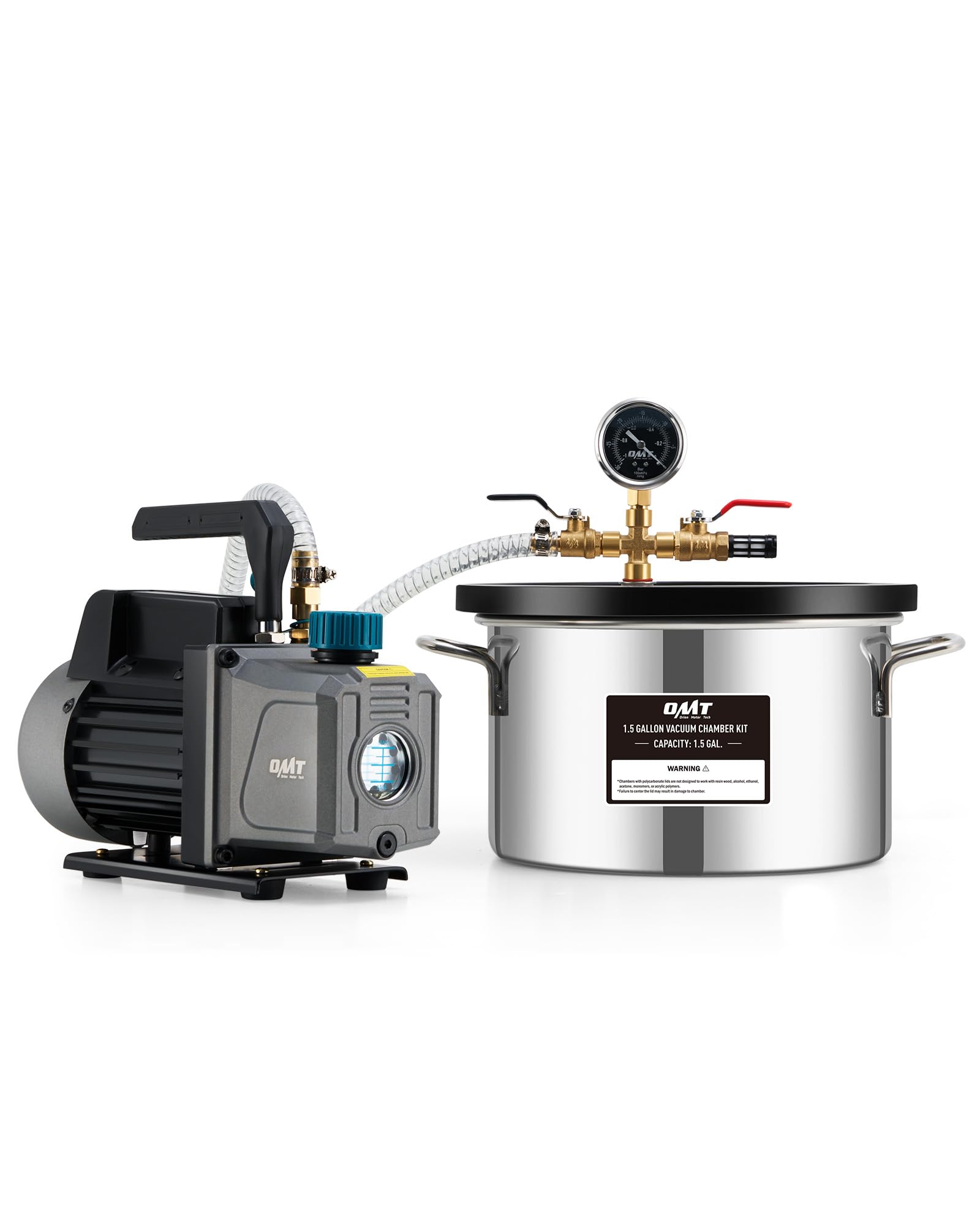 Orion Motor Tech 1.5 Gallon Vacuum Chamber Kit with 3.5 CFM Pump, Tempered Glass Lid & 5ft Hose - Professional Vacuum Degassing System for Wood Stabilization, Silicone Resin Casting, Epoxy Bubbles Removal - Ideal for DIY Crafts, Jewelry Making & Industrial Applications