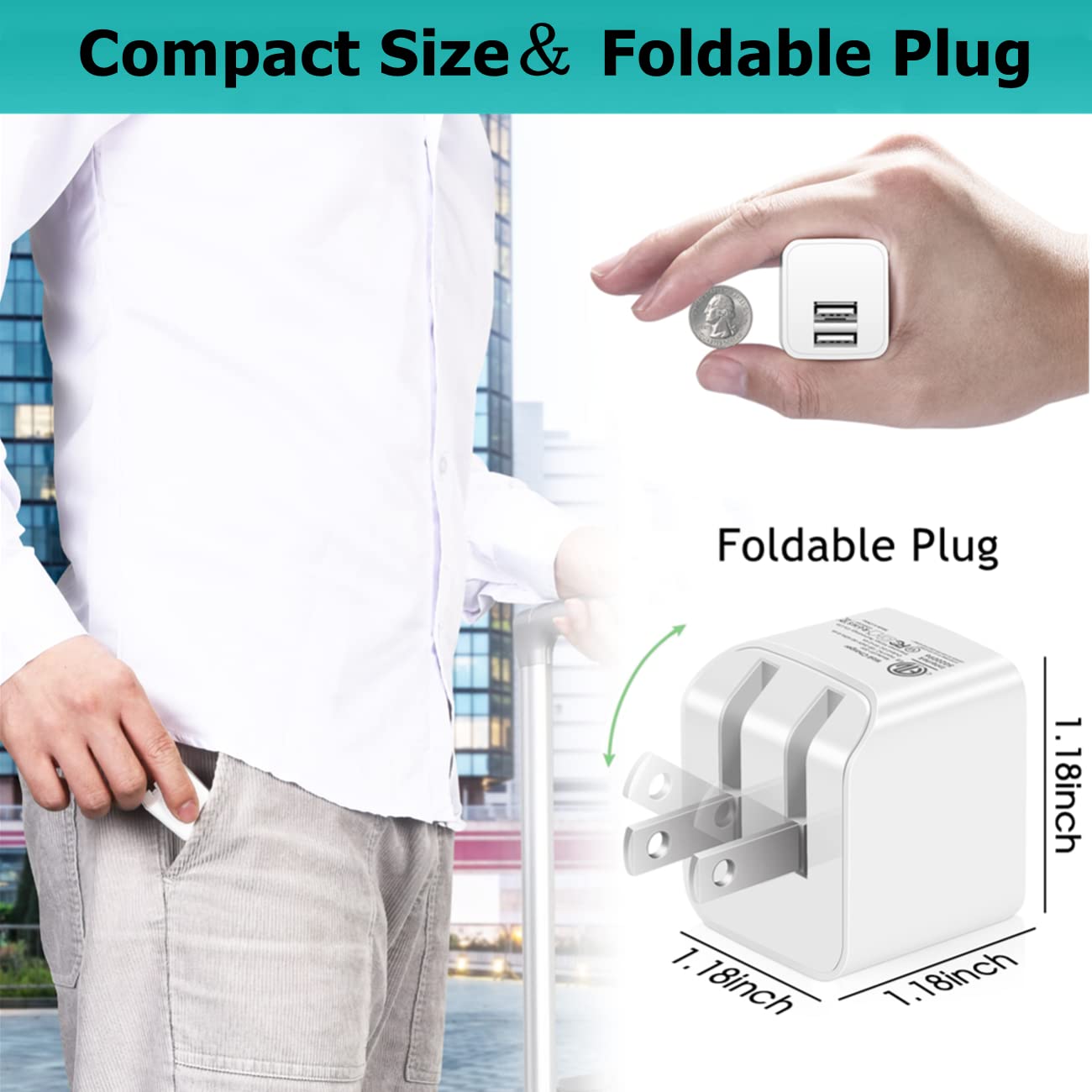 12W USB Wall Charger 3-Pack with Foldable Plug - 2.4A Dual Port Fast Charging Cube for iPhone 14/13/12/11 Pro Max/XS/XR/8/7/6, iPad, Samsung Galaxy, Moto & More - ETL Certified (Perfect for Travel, Home & Office Use)