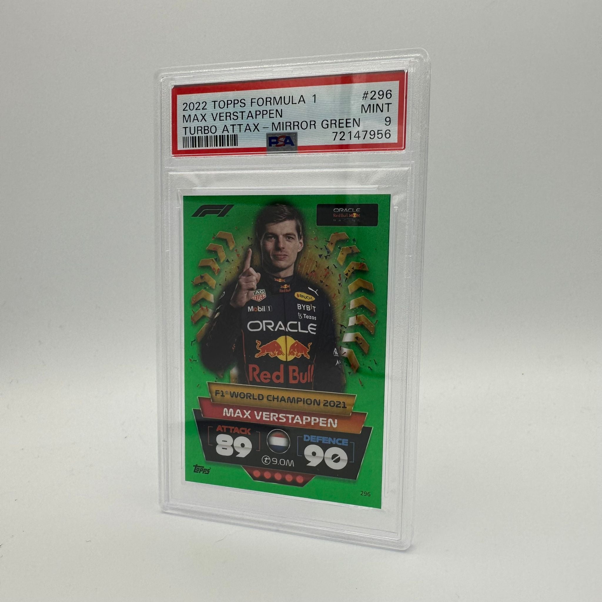 PSA 9 Graded Max Verstappen #296 F1 World Champion 2021 Green Mirror Parallel - 118/500 Limited Edition - Perfect for F1 Collectors and Racing Memorabilia Displays