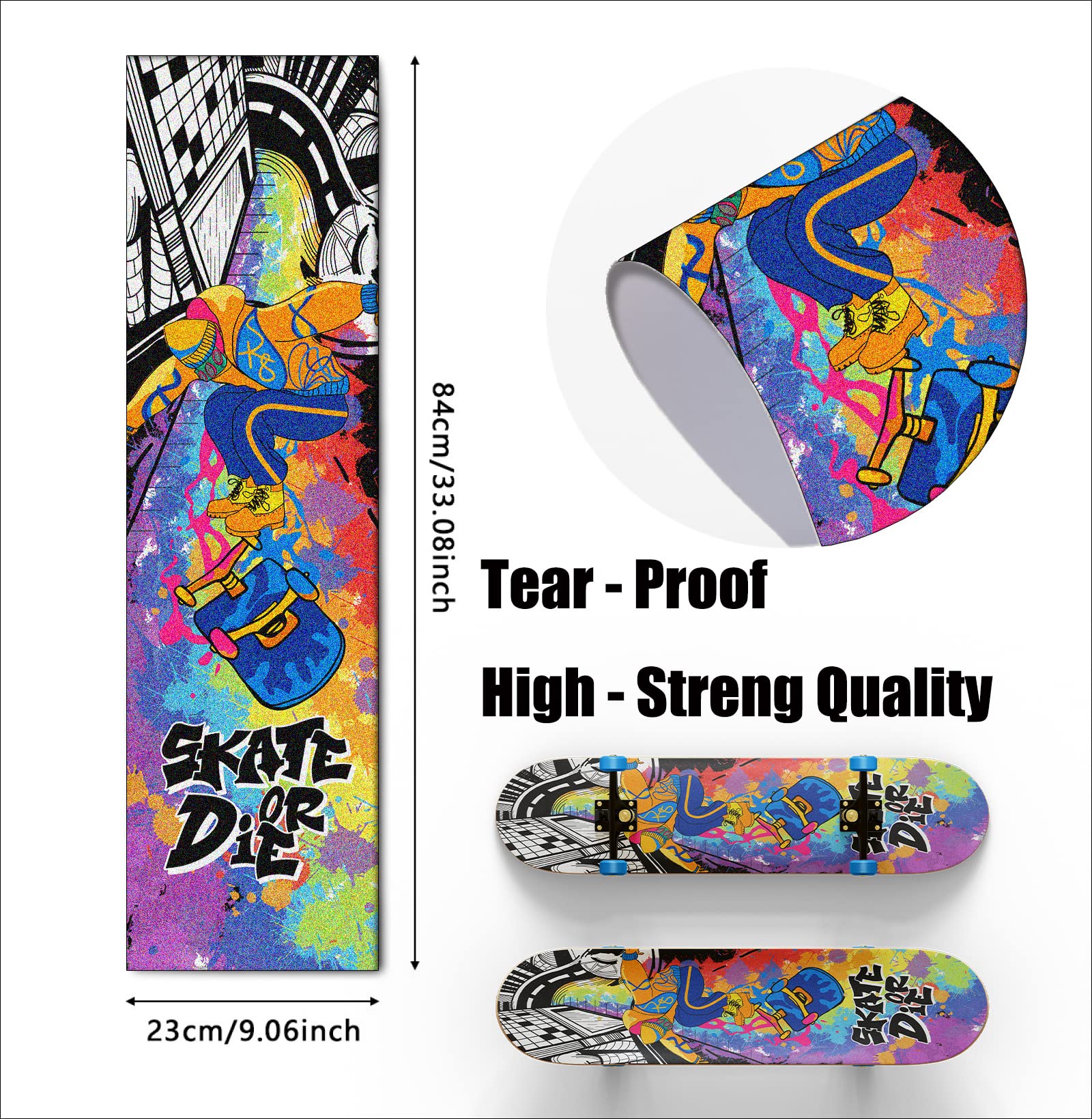 Rainbow Grip Tape Skateboard for Kids - Non-Slip Skateboard Deck with 'Skate or Die' Printed Design | Perfect for Young Boys Learning Skateboard Tricks & Street Skating