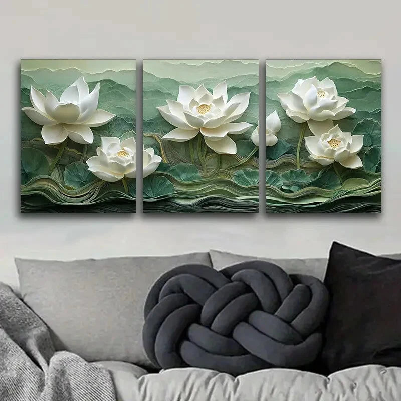 3-Piece White Lotus Flower Metal Wall Art Prints - Ready to Hang Home Decor for Living Room, Bedroom & Office