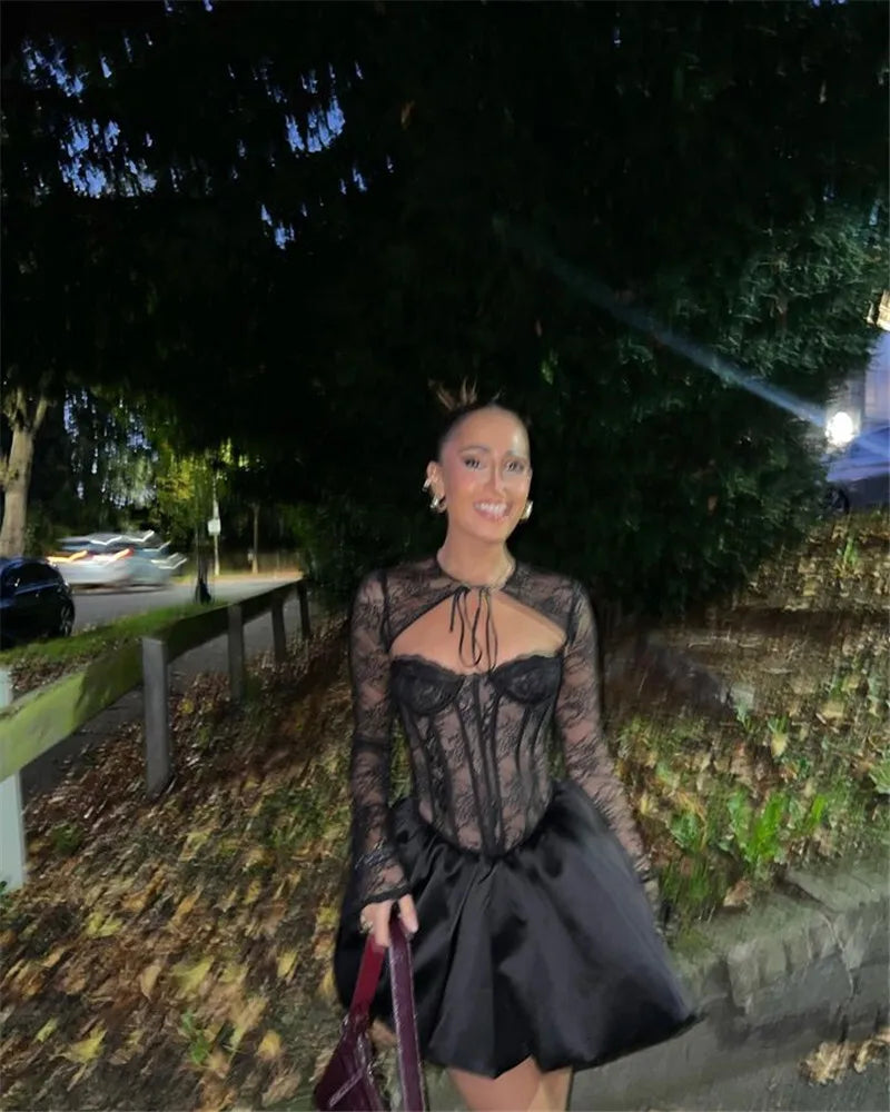 Sexy Black Lace Puffball Mini Dress for Women - Long Flare Sleeve Sheer Club Party Dress with Lace Up & High Waist | Perfect for Night Out, Date Night, and Special Occasions