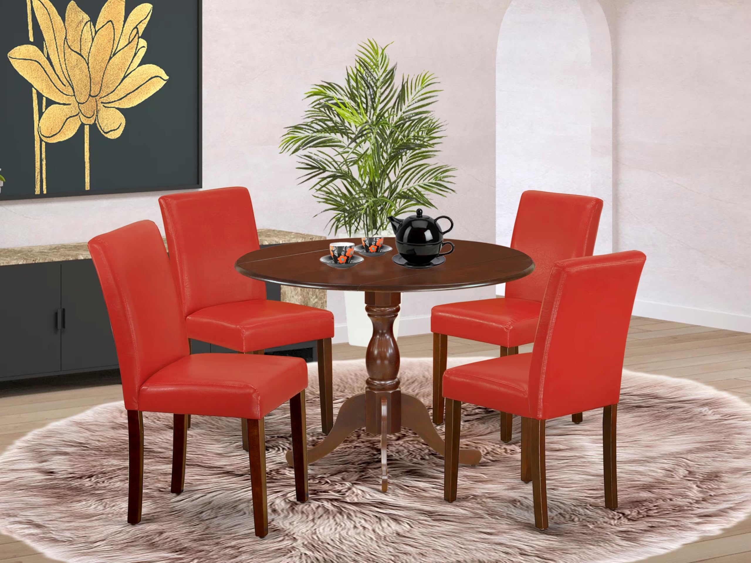 East West Furniture DMAB5-MAH-72 5-Piece Round Dining Table Set with Dropleaf & 4 Faux Leather Chairs - 42x42 Inch Mahogany Kitchen Table for Small Spaces - Perfect for Breakfast Nooks, Apartments and Cozy Dining Rooms
