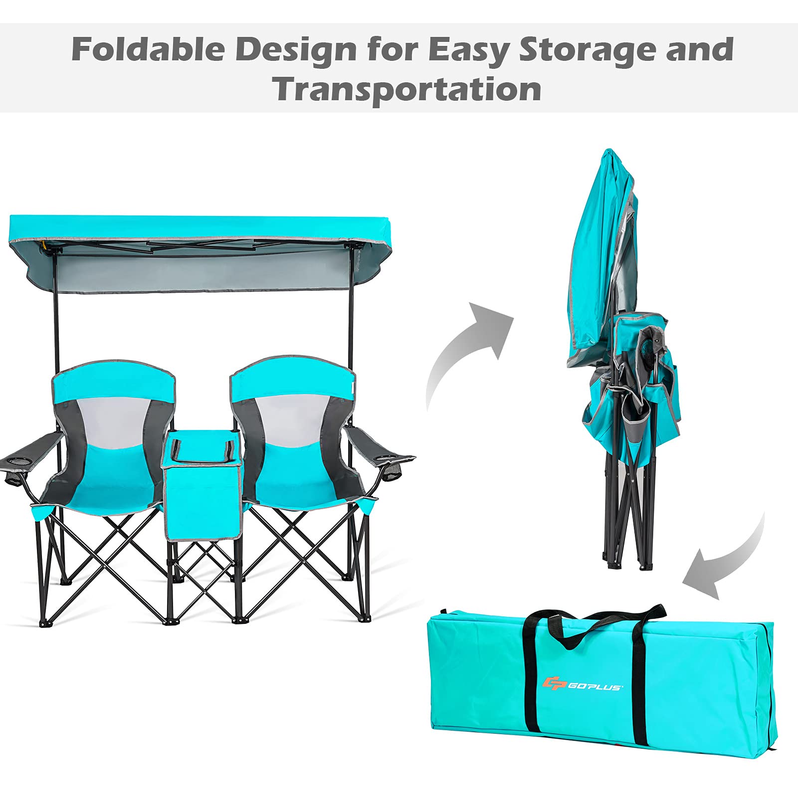 Goplus Double Beach Chair with Canopy Shade - Folding Lawn & Camping Chair with Sunshade, Mini Table, Beverage Holder & Carrying Bag - Perfect for Outdoor Travel, Hiking, Fishing, Poolside & Backyard Relaxation (Lake Blue)