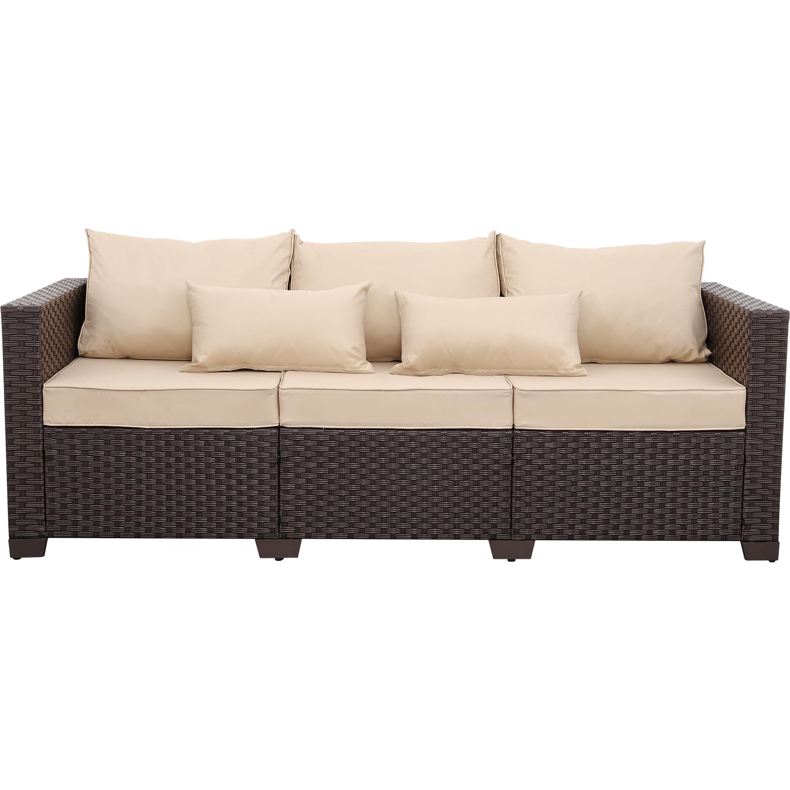 3-Seater Outdoor Patio Sofa - Brown Wicker Deep Seat Couch with High Backrest, Anti-Slip Cushions & Waterproof Cover - Perfect for Garden, Poolside or Backyard Relaxation (Khaki)
