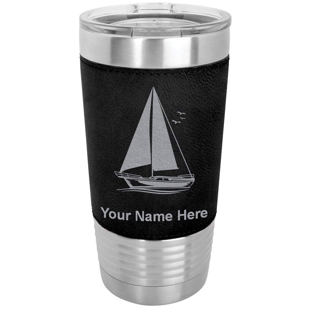 LaserGram 20oz Vacuum Insulated Stainless Steel Tumbler Mug with Leakproof Lid - Personalized Engraved Sailboat Design, Faux Leather Handle (Black) - Perfect for Coffee, Tea, Cold Drinks at Home, Office or Travel