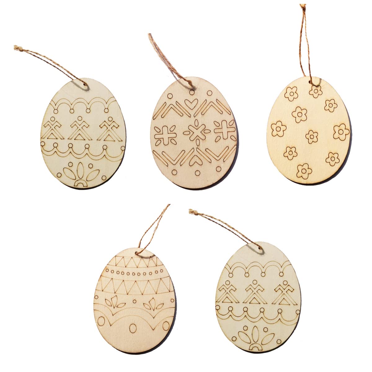 5-Piece Unfinished Wood Easter Ornaments Set - DIY Wooden Egg, Bunny & Flower Shapes with Hanging Cords for Easter Crafts, Home Decor, Office Party Supplies & Holiday Gift Making