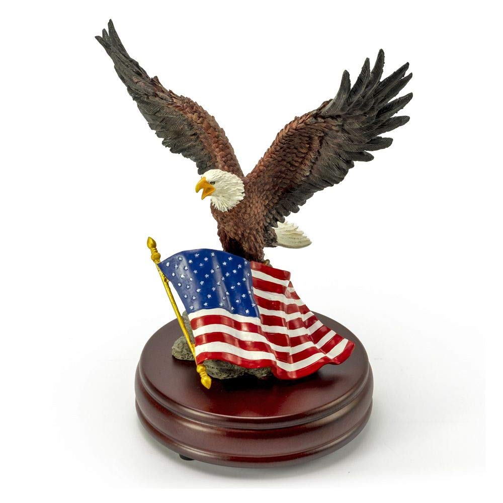 Patriotic American Bald Eagle with US Flag Wooden Base Musical Figurine - Plays Multiple Songs Including 