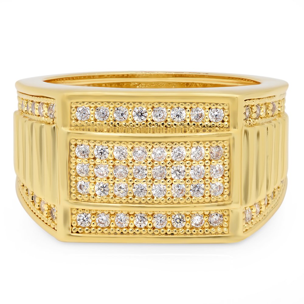 14K Gold Plated Hip Hop Iced Out CZ Stacked Bling Ring for Men & Women - 14.5mm Wide Luxury Jewelry for Parties, Concerts & Special Occasions