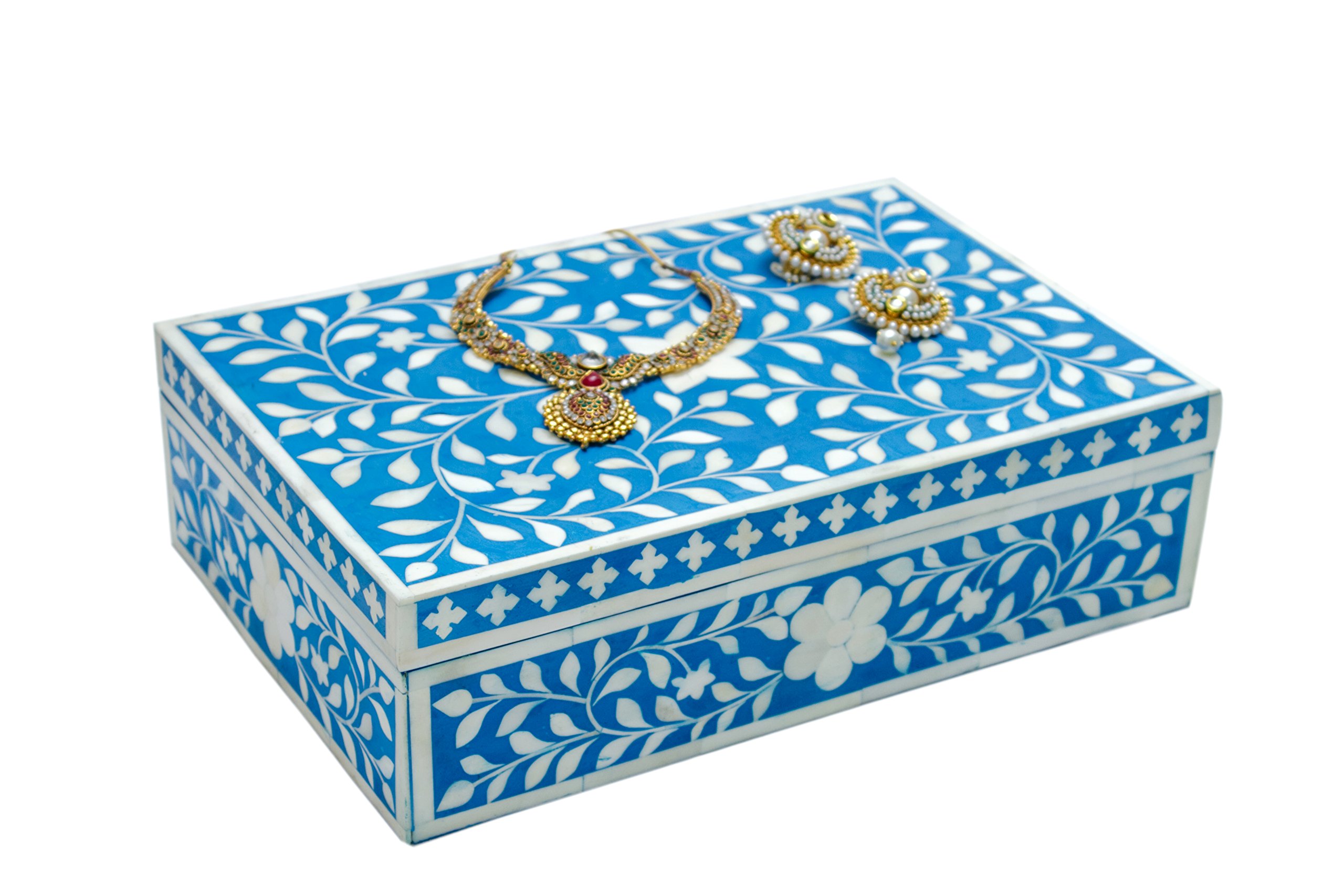 Exquisite Blue Bone Inlay Jewelry Box - Handcrafted Wooden Storage Case for Rings, Necklaces & Earrings - Perfect for Home Decor, Gift Giving & Travel Jewelry Organization