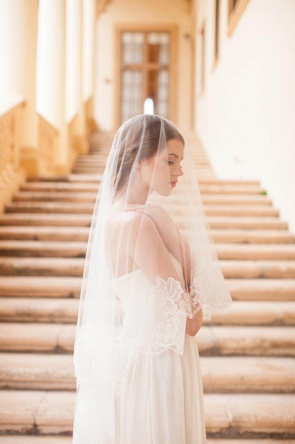 Roseline French Lace Bridal Veil - Ivory or Off White Wedding Veil for Bride | Perfect for Church Ceremony, Outdoor Wedding & Photoshoots