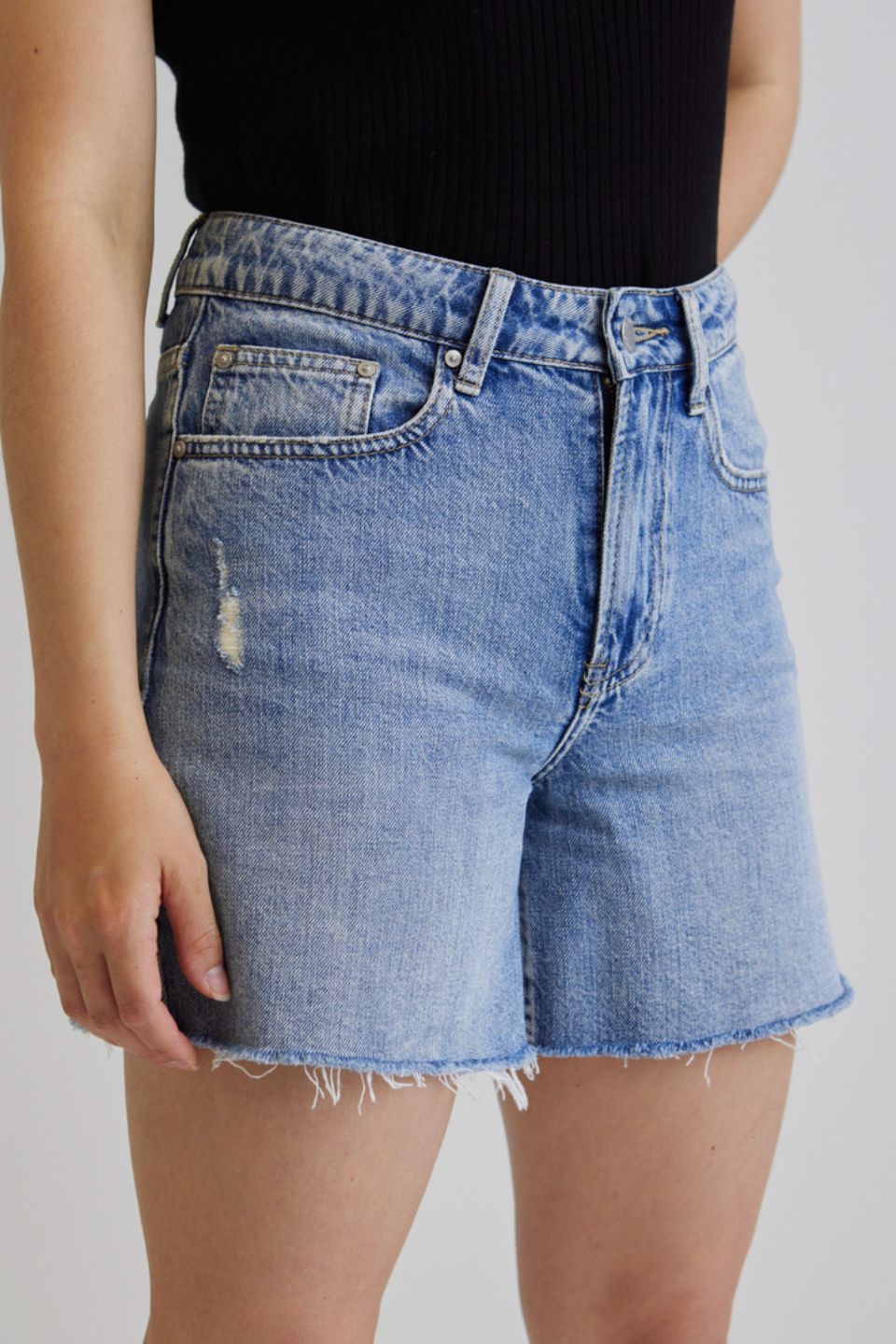 Aimee Women's Mid Blue Denim Shorts - High Waist Stretch Denim Shorts for Women - Perfect for Summer Outfits, Casual Wear & Beach Vacations