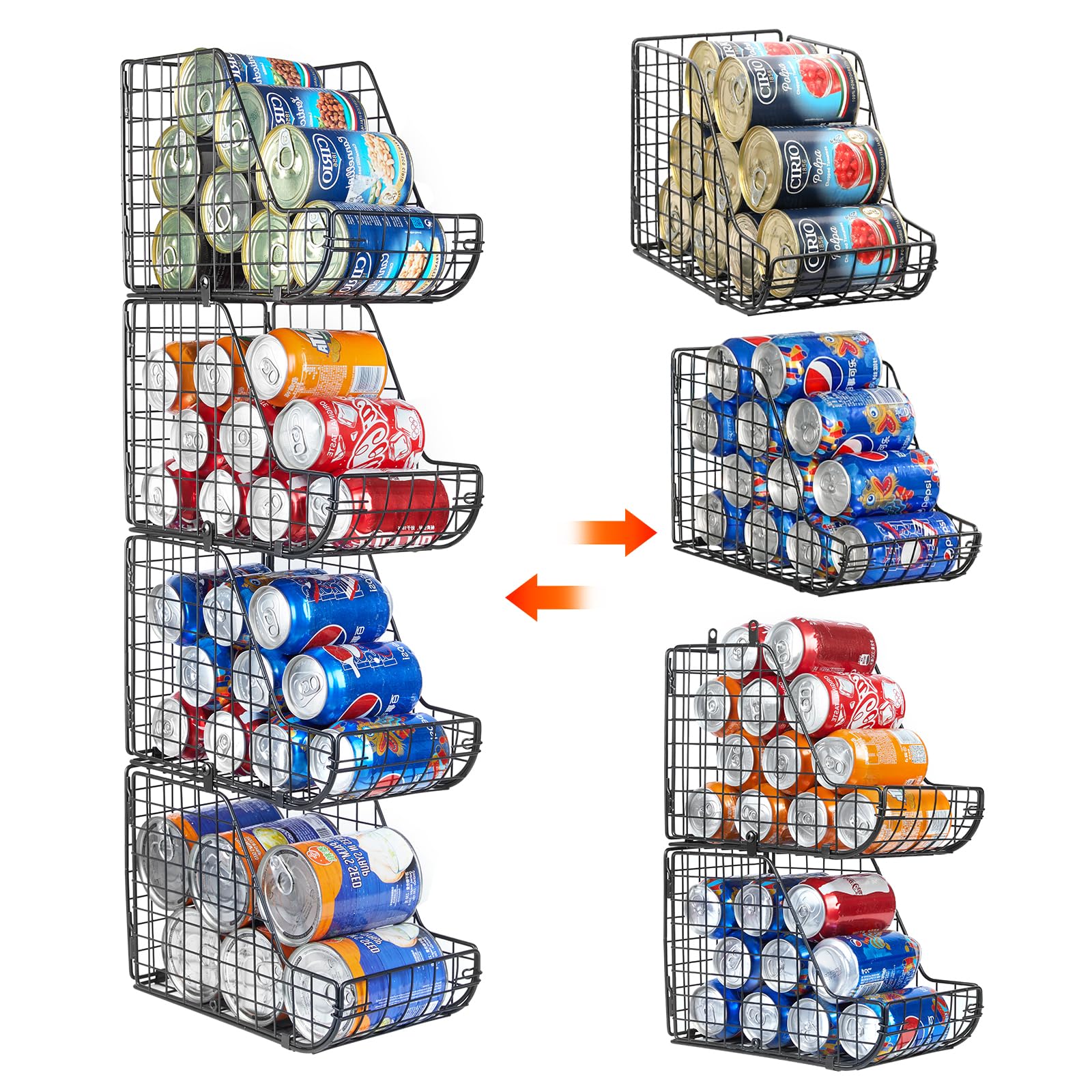 X-cosrack Stackable Can Organizer for Pantry - 4 Pack Metal Wire Basket, Standing Soda Pop Can Storage Dispenser for Kitchen & Pantry Organization - Perfect for Canned Food, Beverage Storage in Home, Office or Party Use