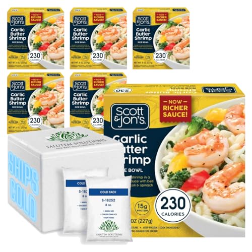 Scott & Jon's Garlic Butter Shrimp Rice Bowl - 8 oz Frozen Meal (Pack of 6) | Quick & Easy Microwave Dinner, Lunch, or Snack | High Protein Seafood Meal for Busy Professionals & Students