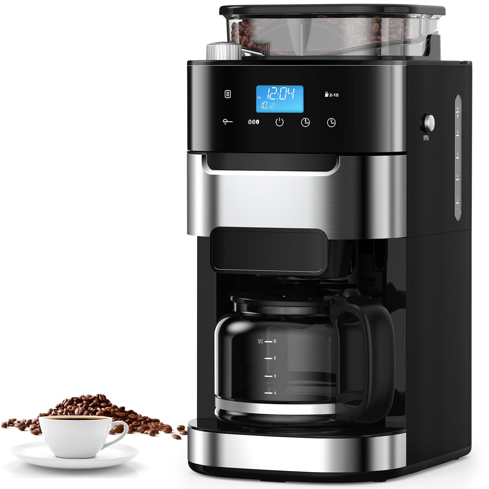 COWSAR 10-Cup Programmable Coffee Maker with Built-In Grinder - Adjustable Grind & Brew, 50oz Water Tank, Keep Warm Plate - Perfect for Home, Office & Daily Morning Routine - Black