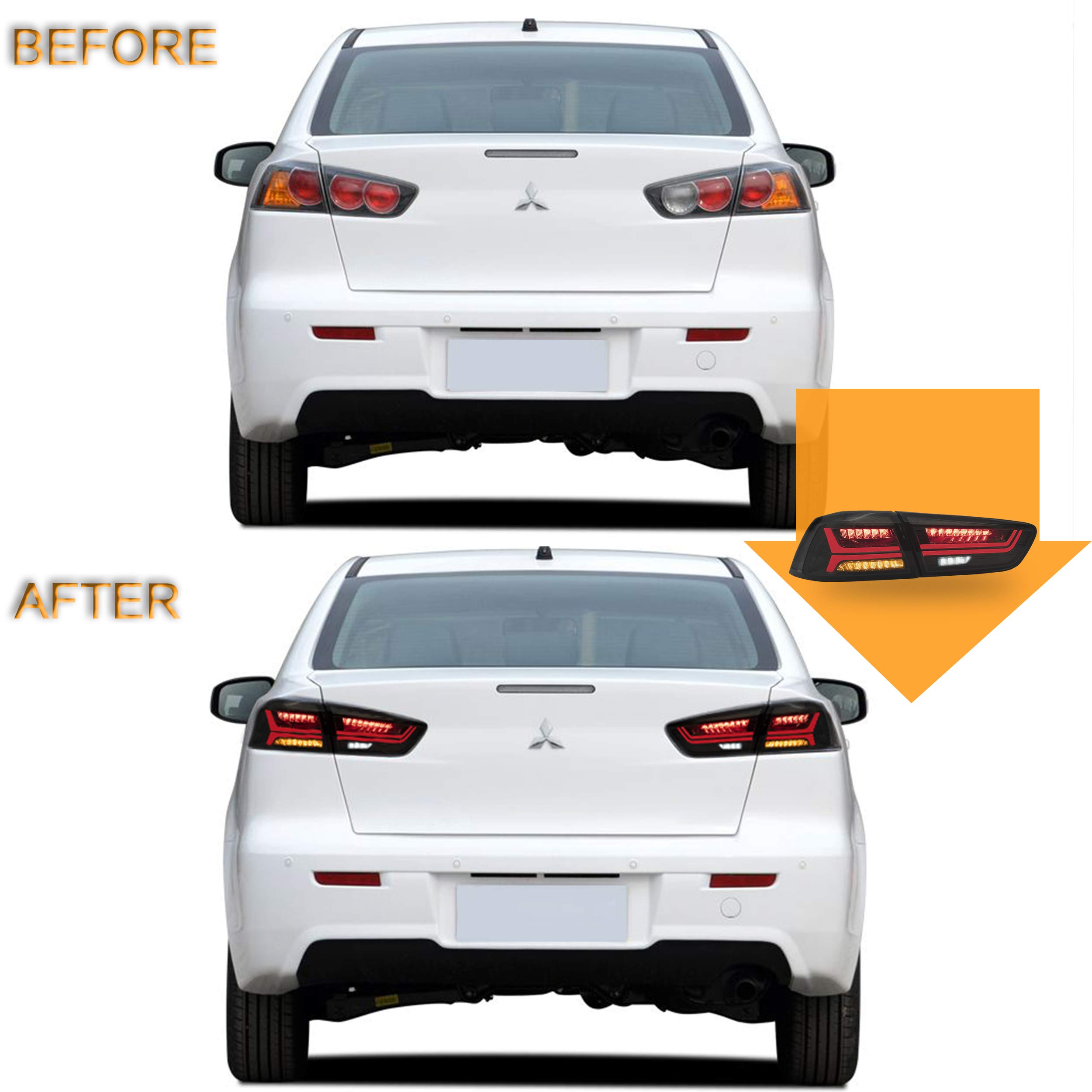 VLAND Smoked Tail Lights Assembly for Mitsubishi Lancer & EVO X 2008-2020 - DRL, Sequential Turn Signal & Fog Lights - Perfect for Night Driving & Car Customization (Not for Sportbacks/Fortis/IO)