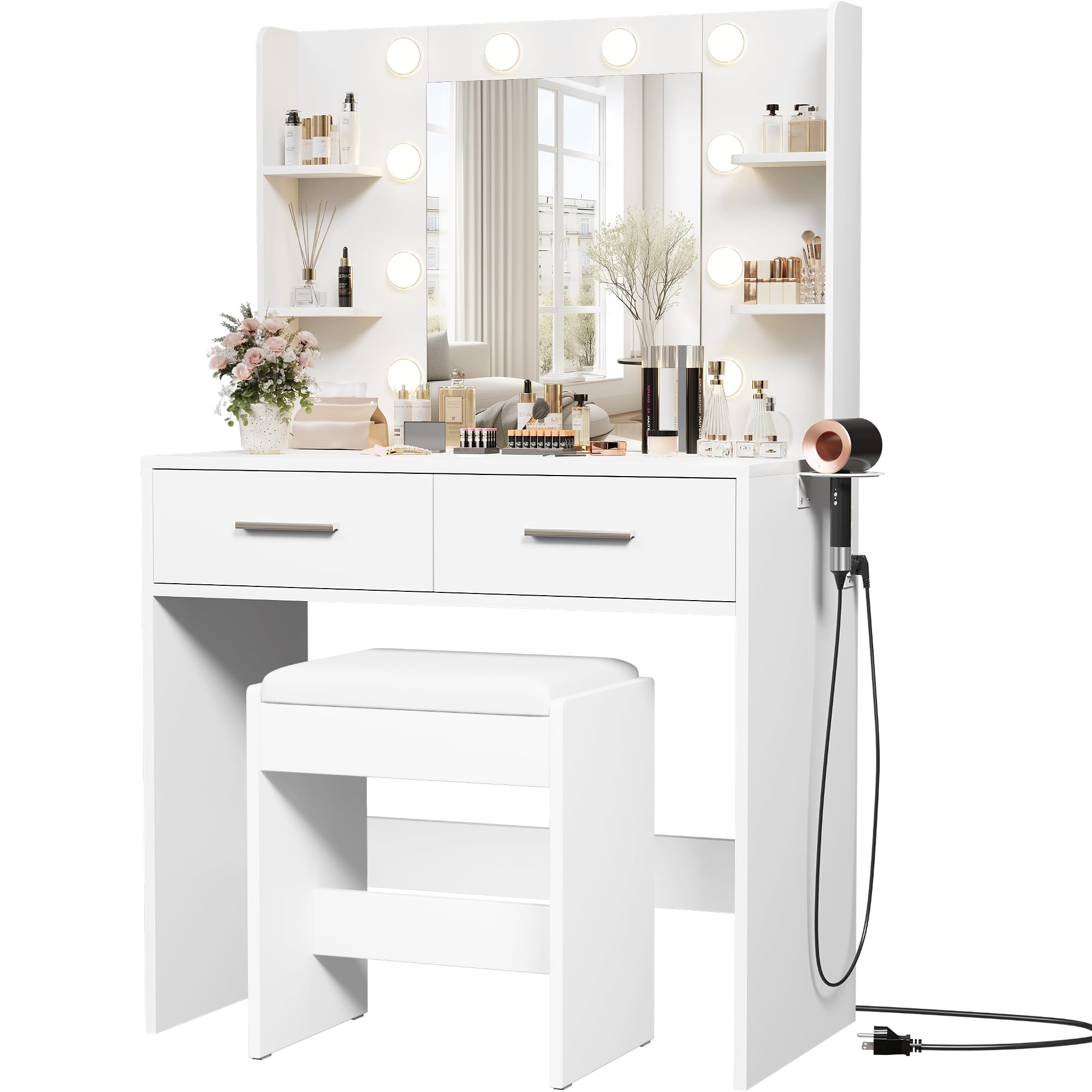 Furmax Makeup Vanity Desk with Mirror, Power Outlet & Adjustable LED Lights - White Vanity Table with 2 Drawers, 6 Shelves & Included Bench - Perfect for Bedroom, Dressing Room & Beauty Salon Organization
