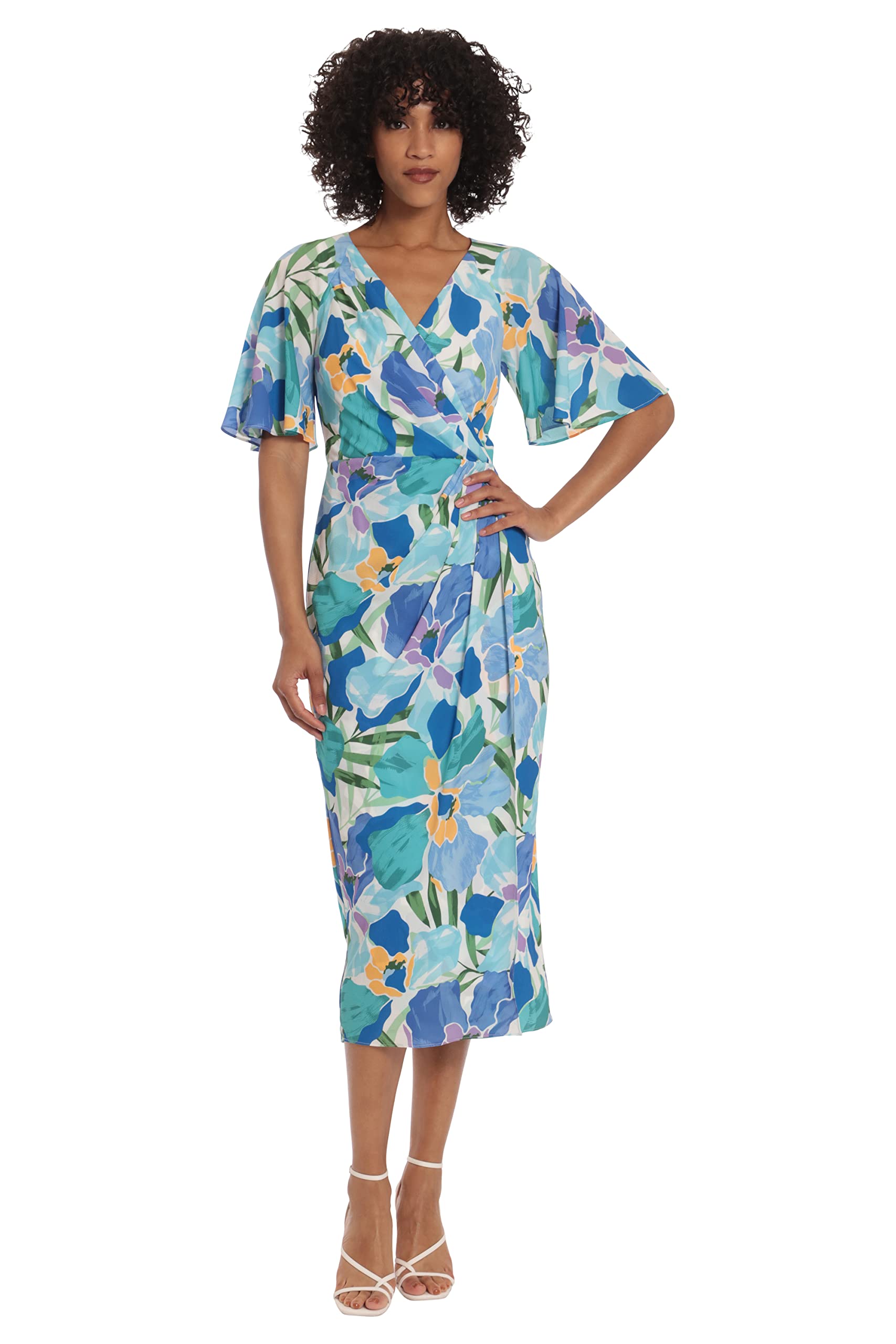 Maggy London Women's Short Flutter Sleeve Faux Wrap Midi Dress - Elegant Floral Print Party & Cocktail Dress for Wedding Guest, Office Wear & Special Occasions