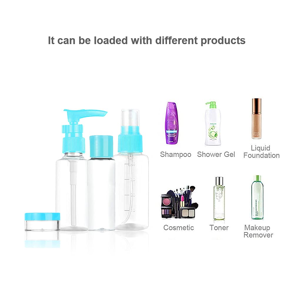 TSA Approved Travel Bottles Kit - 11-Piece Leak Proof Portable Toiletry Containers Set for Lotion, Shampoo, Cream & Soap | Clear PET Cosmetic Bottles for Airplane Carry-On | Perfect for Vacations, Gym & Business Trips (Blue Plastic)