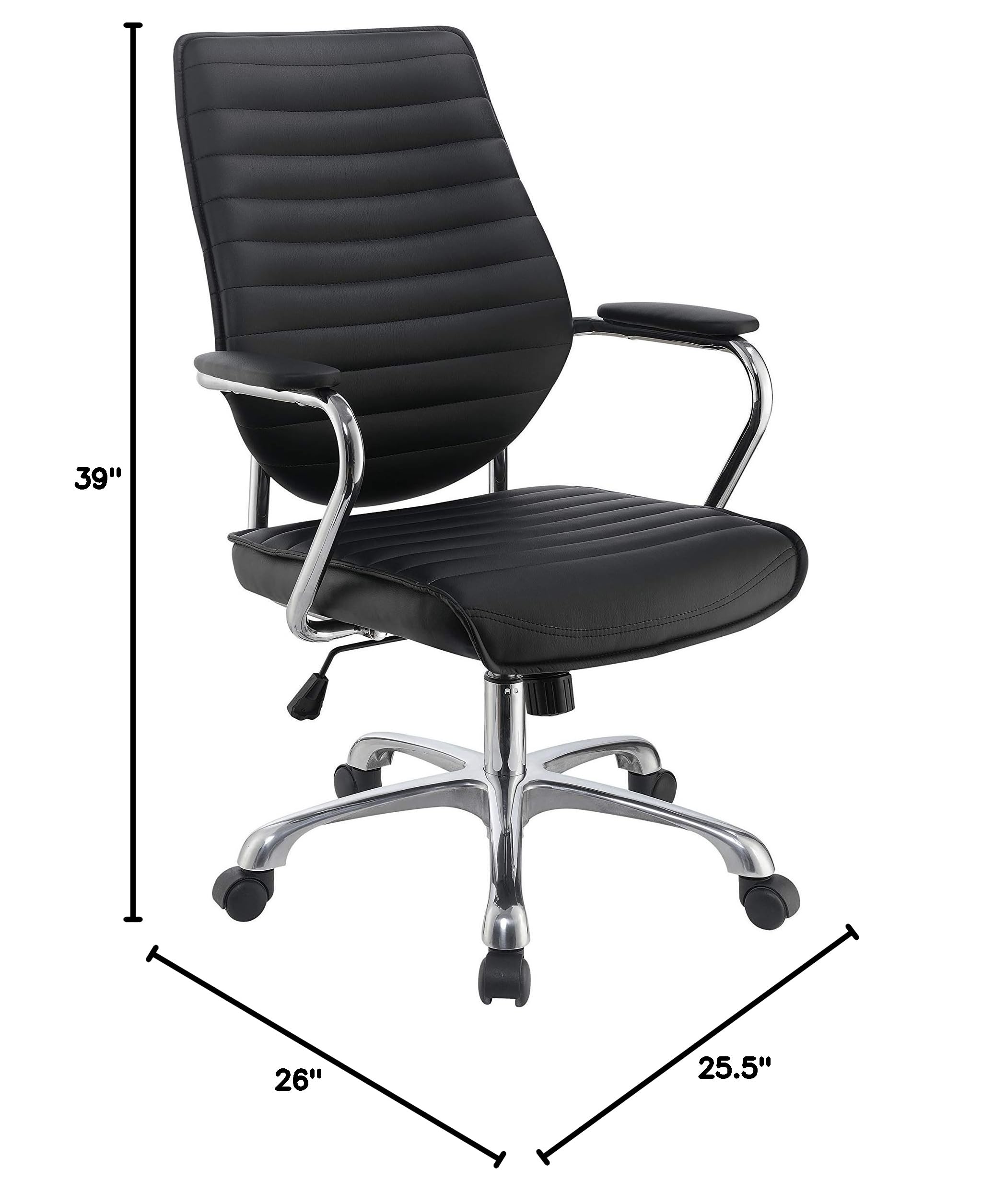 Benjara Black & Chrome Leatherette Office Swivel Chair with Padded Arms - Ergonomic Executive Desk Chair for Home Office, Conference Room & Workspace