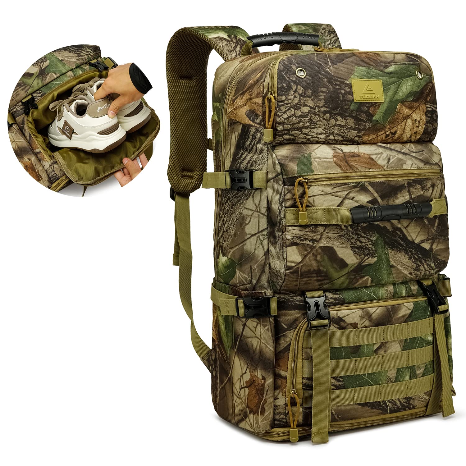 TUGUAN 50L/60L Expandable Military Tactical Backpack for Men - Waterproof Camouflage Laptop Hiking Backpack with Shoe Compartment, Large Capacity Durable Canvas Rucksack for Travel, Camping, Climbing & Outdoor Adventures