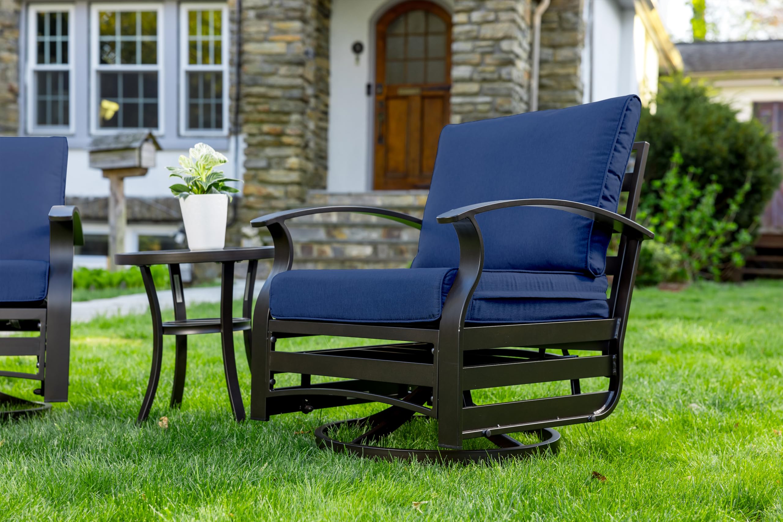 Gotland 3-Piece Outdoor Aluminum Swivel Rocking Chair Set with Coffee Table & Navy Cushions - Patio Furniture for Porch, Garden, Deck, and Backyard Relaxation