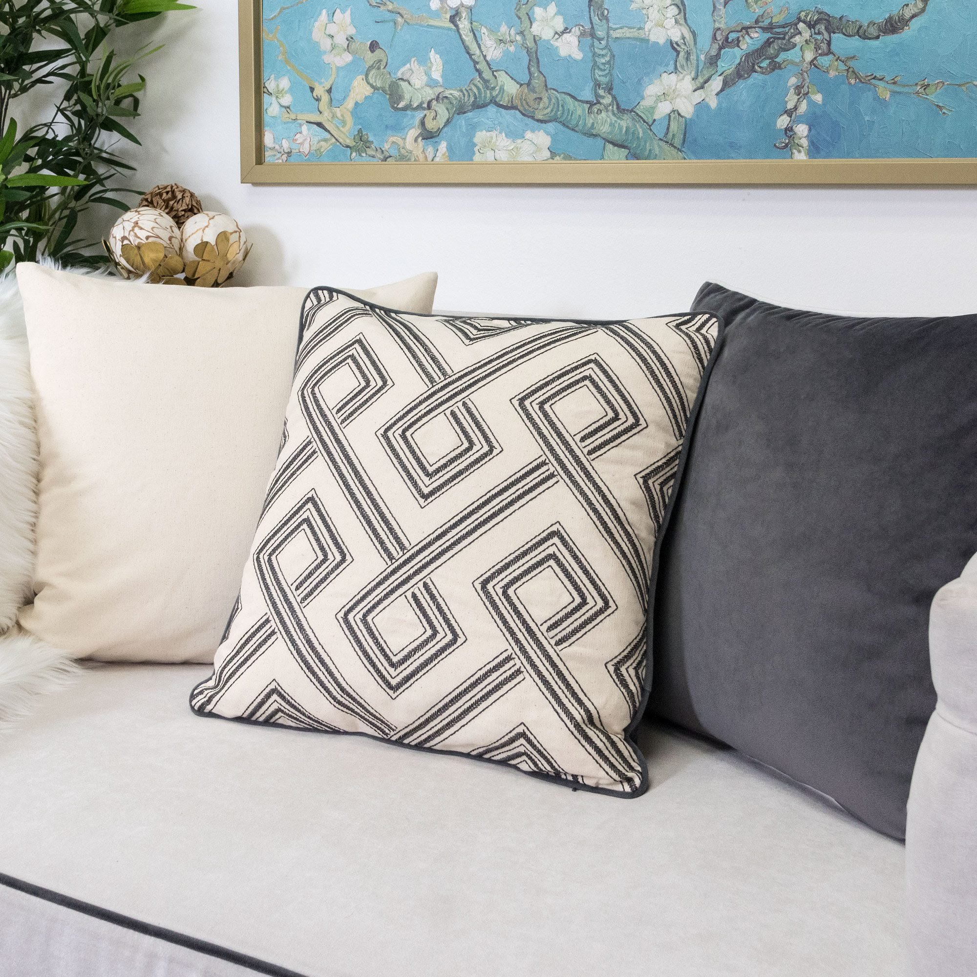 Cozy Diamond Loops Embroidery Throw Pillow Cover - 20x20 Inch Gray Cotton Canvas Sofa Couch Pillow Sham (Cover Only) - Perfect for Living Room Decor, Bedroom Accent & Home Styling