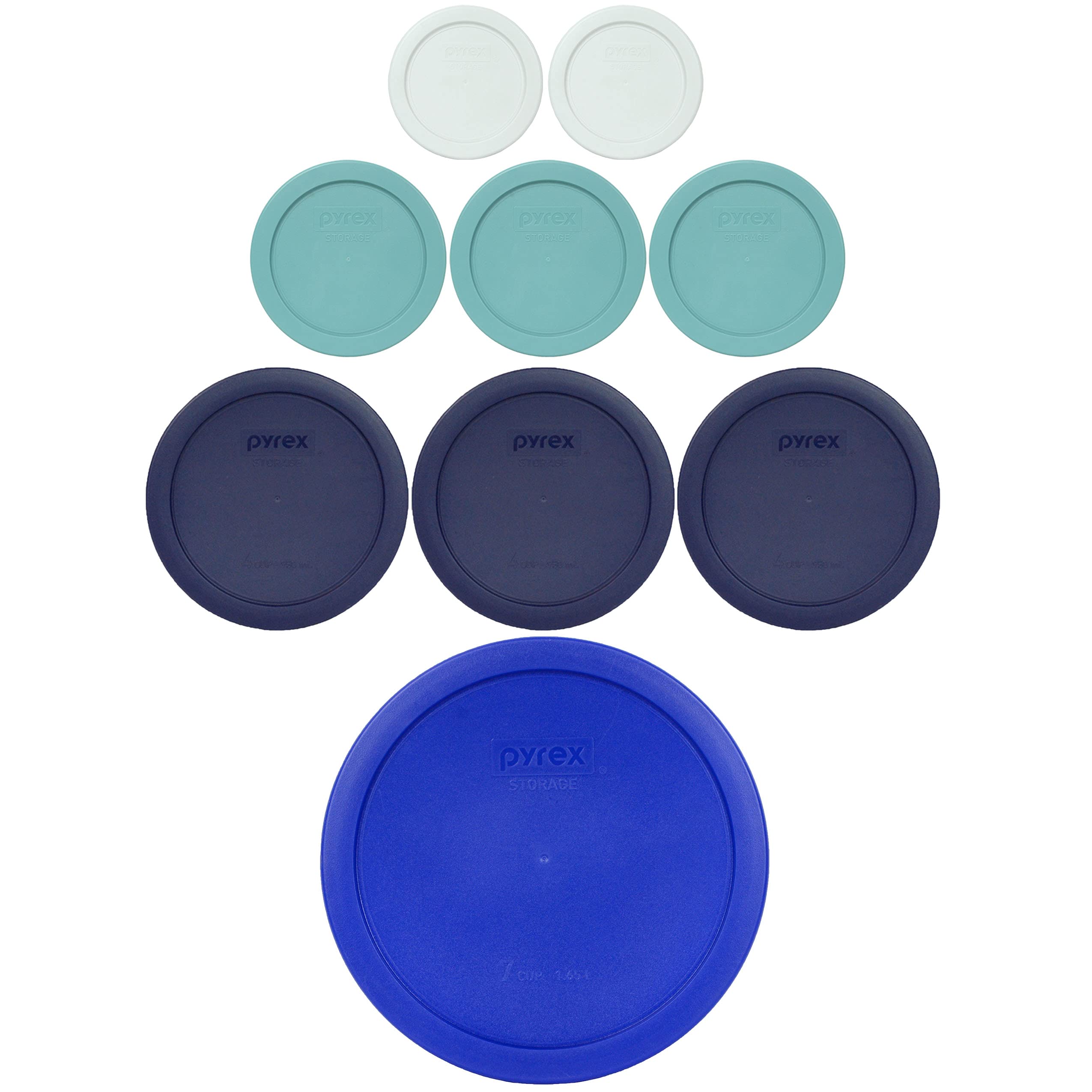 Pyrex Glass Mixing Bowls with Lids Set - 1-Cup White, 2-Cup Turquoise, 4-Cup Blue & 6/7-Cup Cadet Blue - Plastic Replacement Lids - Made in USA - Perfect for Baking, Meal Prep & Food Storage